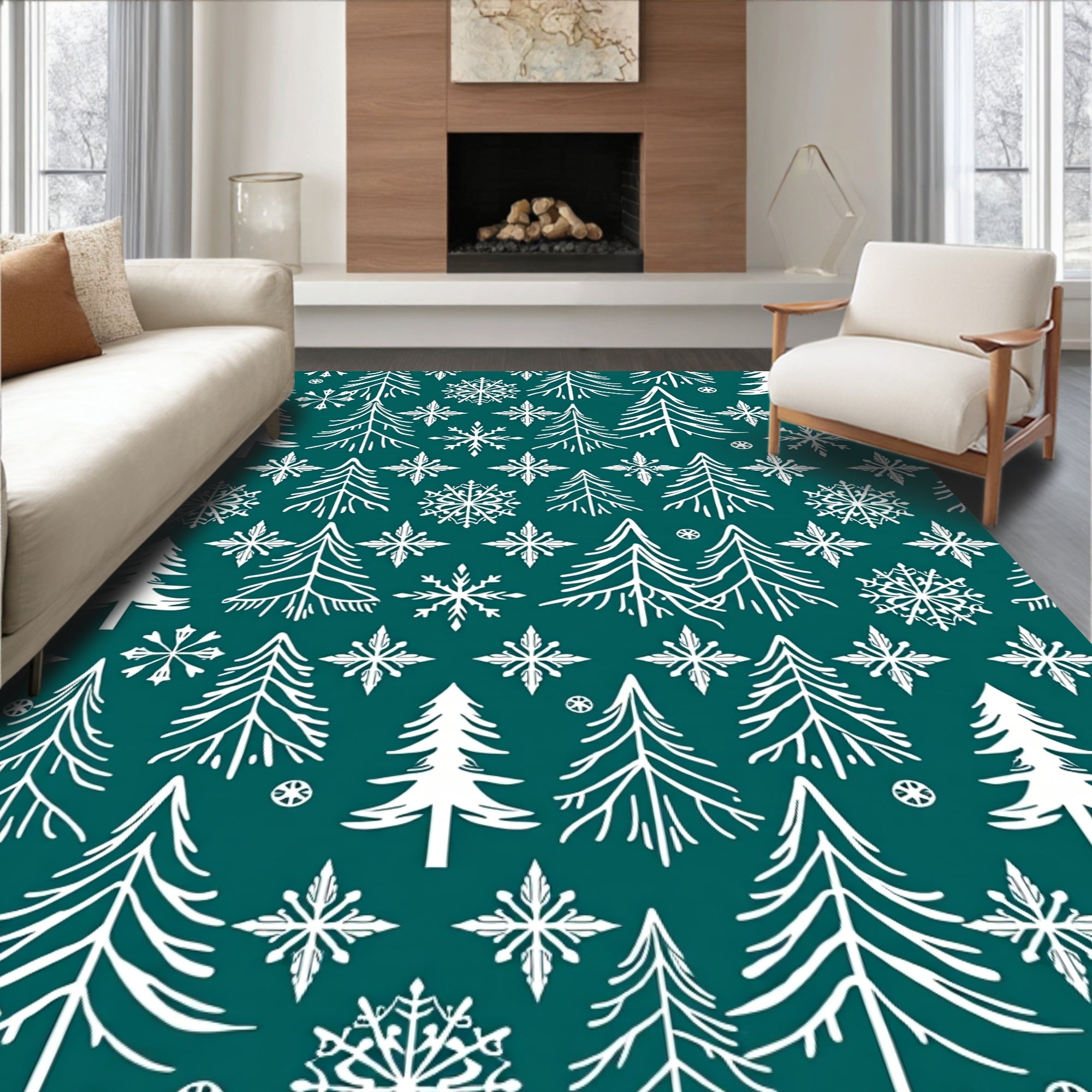 Deep Forest White Pine Snowflakes Rug