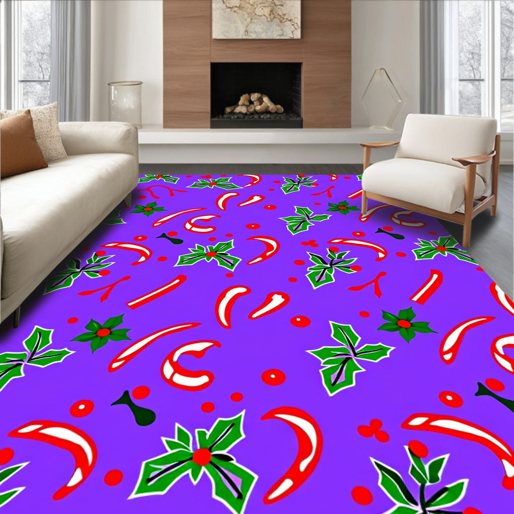 Festive Holly Candy Cane Red Accents Rug