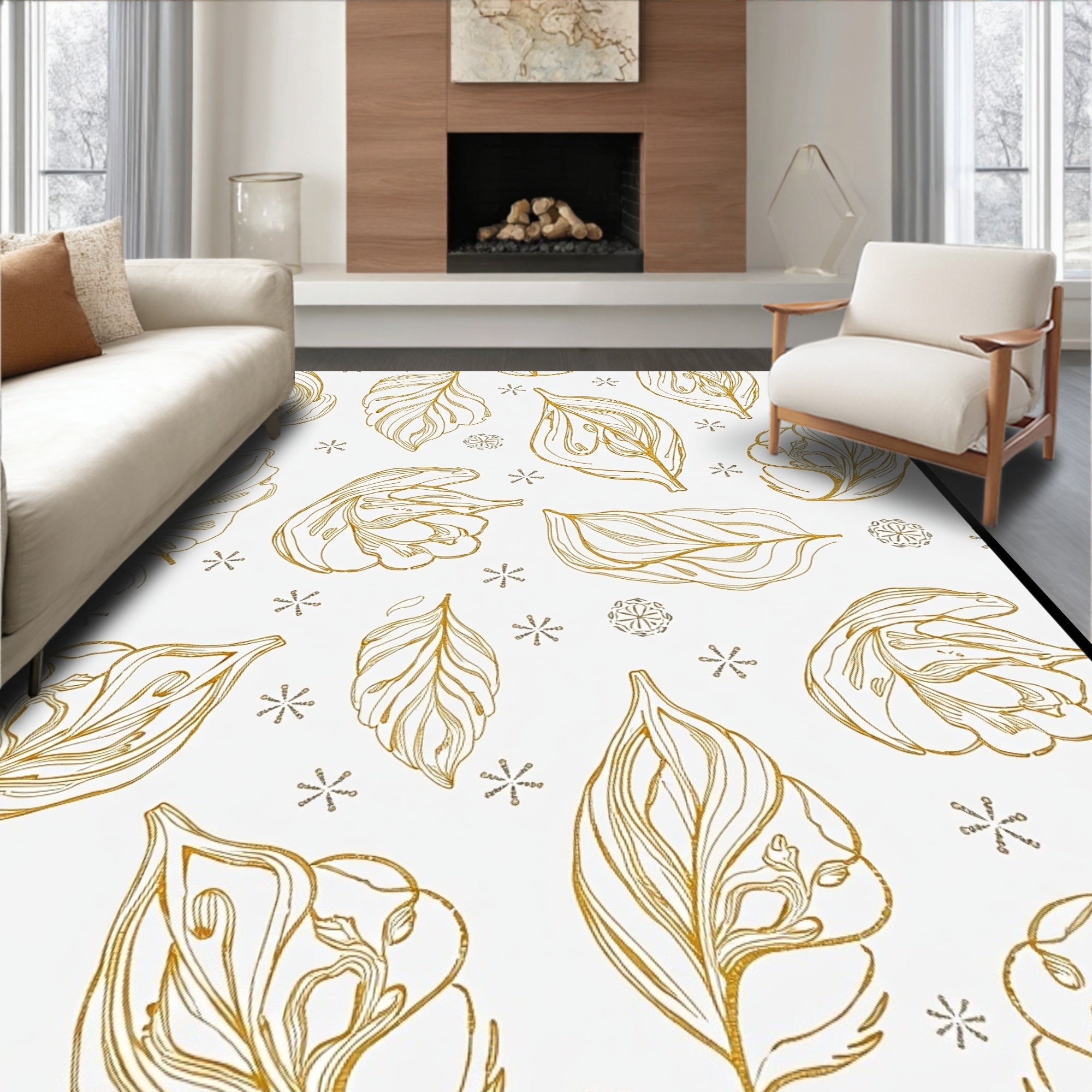 Golden Leafy Outline White Background Rug