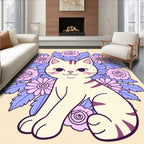 Cute Cream Cat Lavender Floral Garland Rug