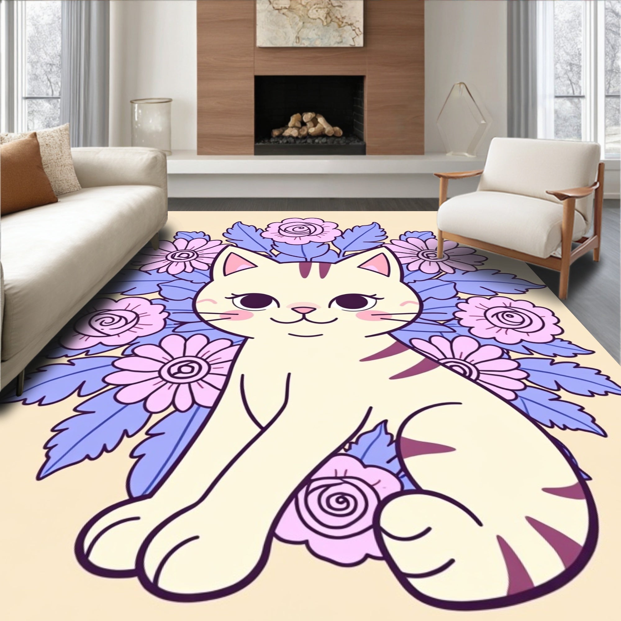 Cute Cream Cat Lavender Floral Garland Rug