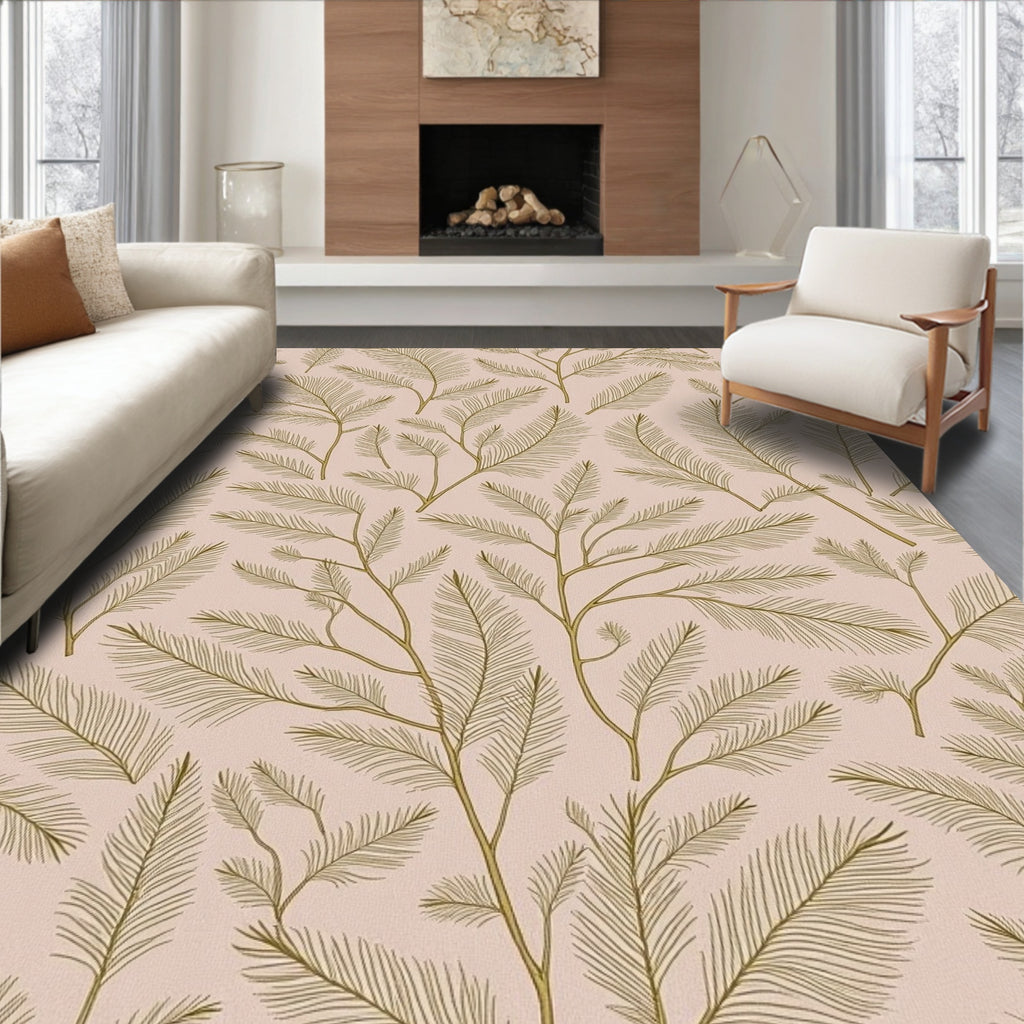 Golden Fern Branches on Blush Background Rug