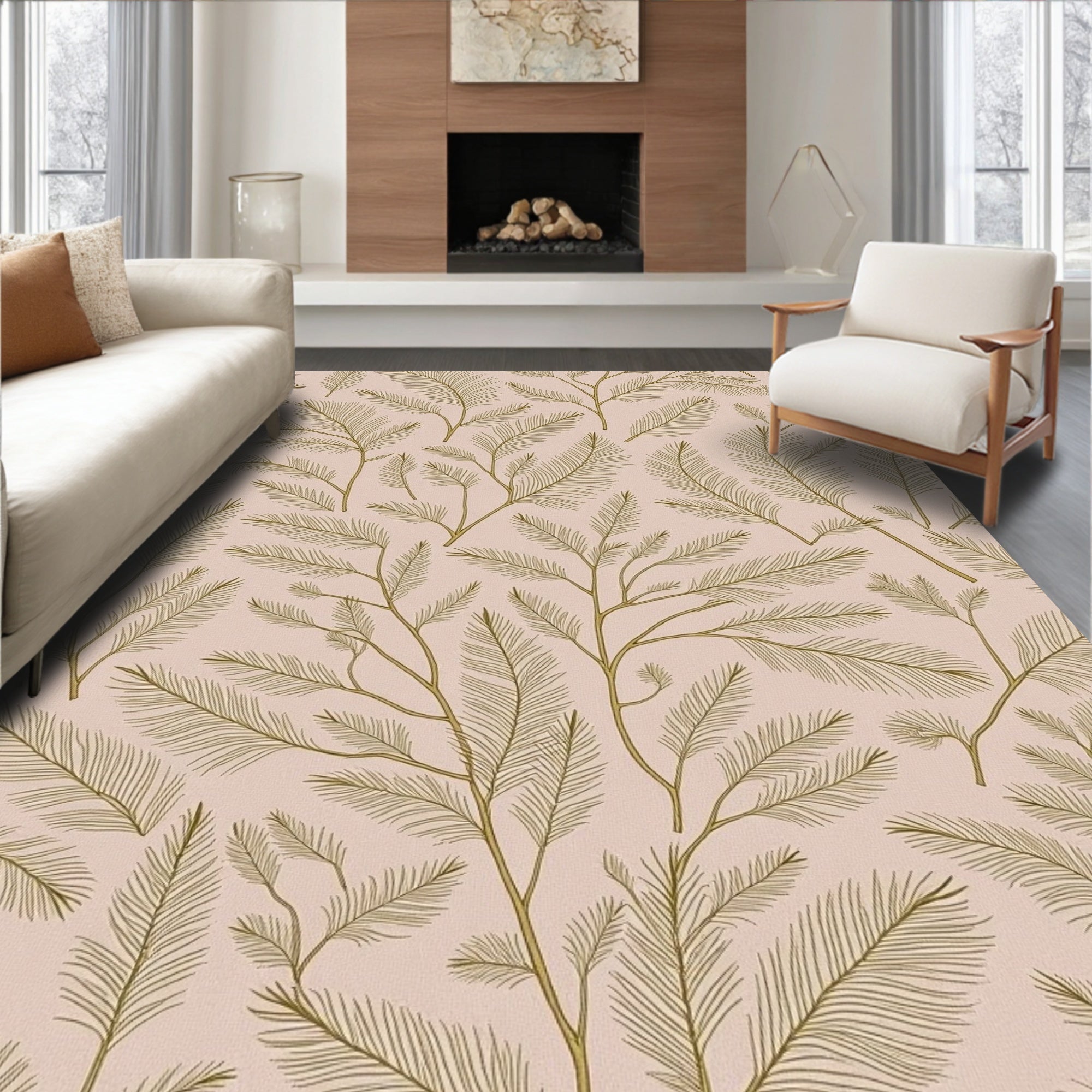 Golden Fern Branches on Blush Background Rug