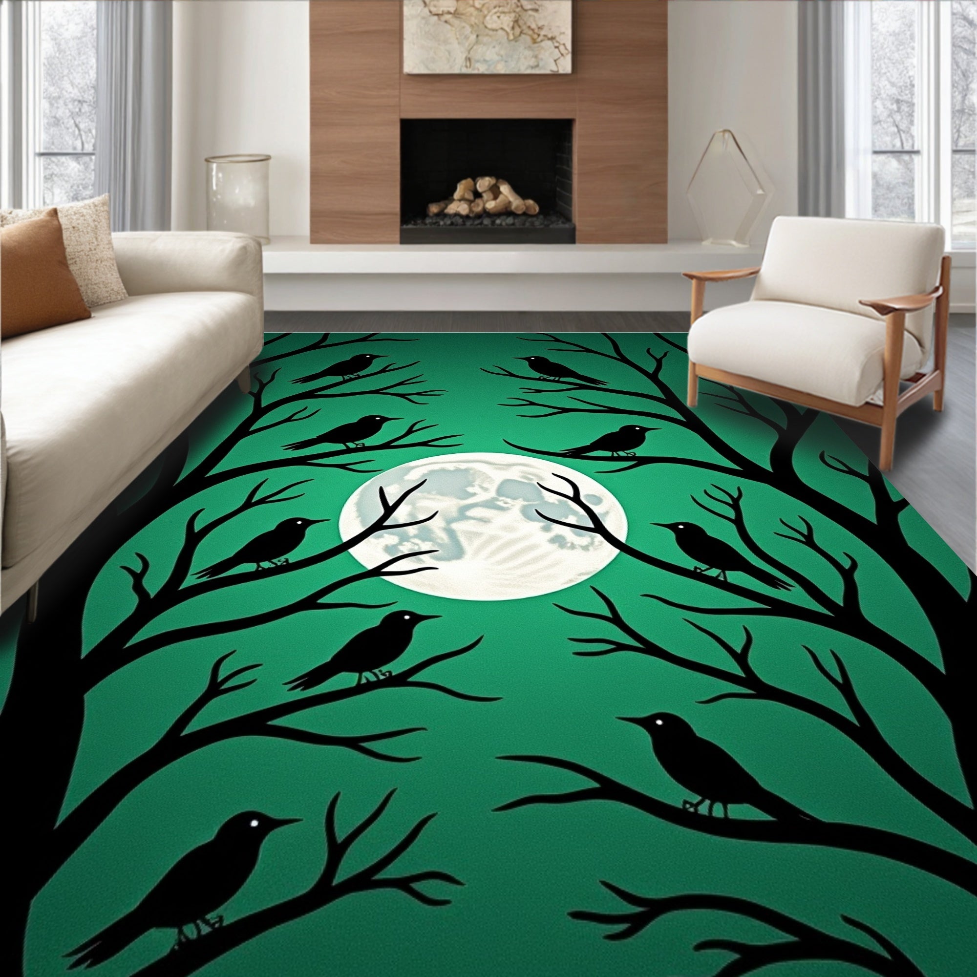 Dark Teal Perched Crow Moonscape Rug