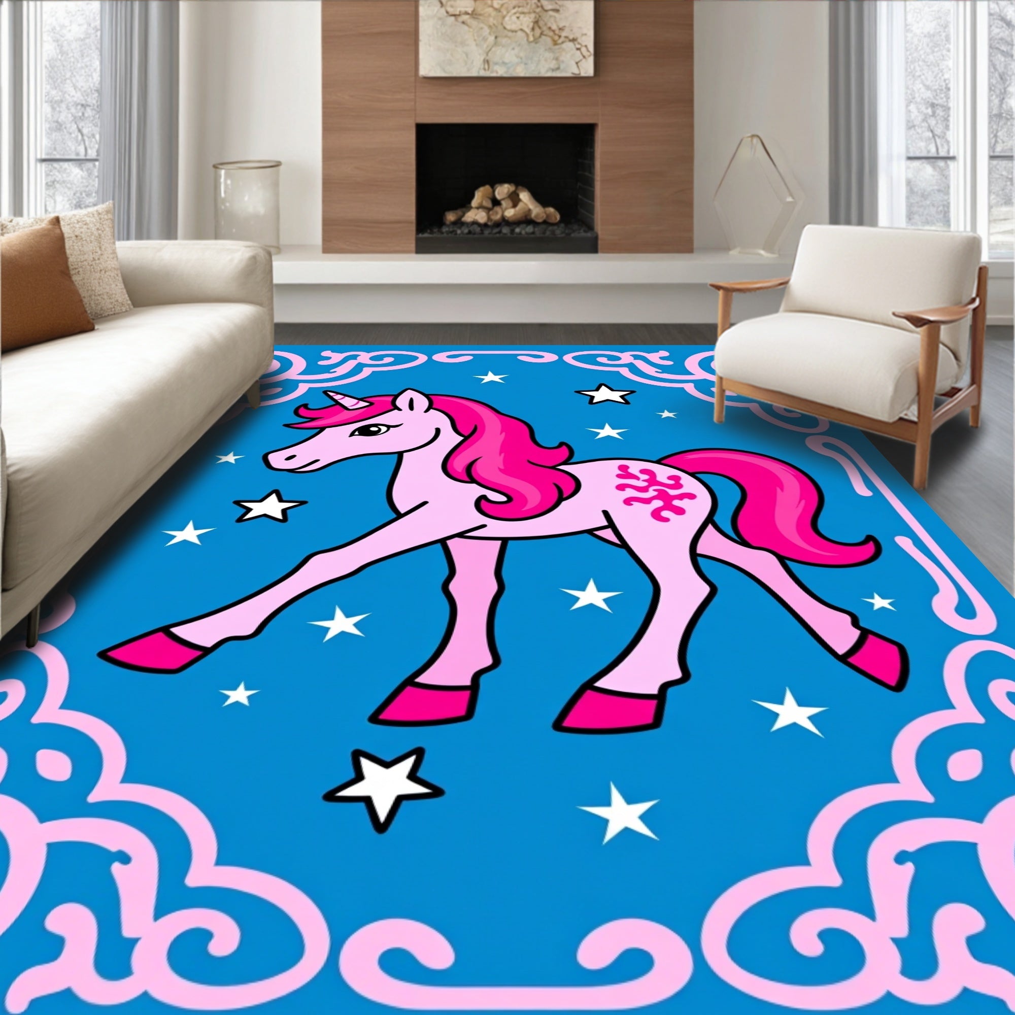 Pink Unicorn Stars Swirl Border Rug