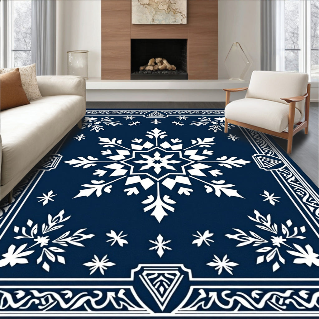Deep Blue Snowflake Floral Border Rug