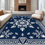 Deep Blue Snowflake Floral Border Rug