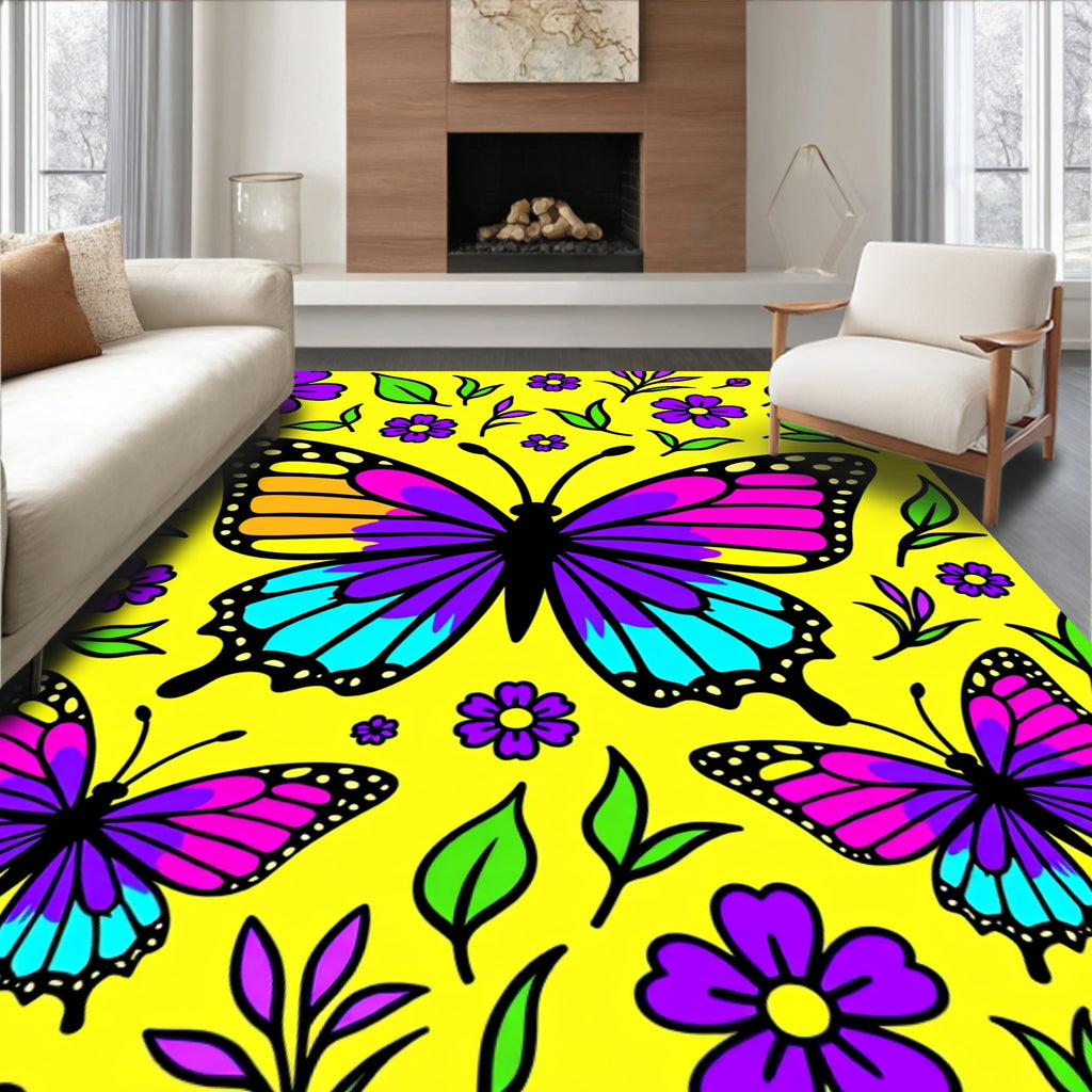 Vibrant Butterfly Purple Floral Yellow Rug