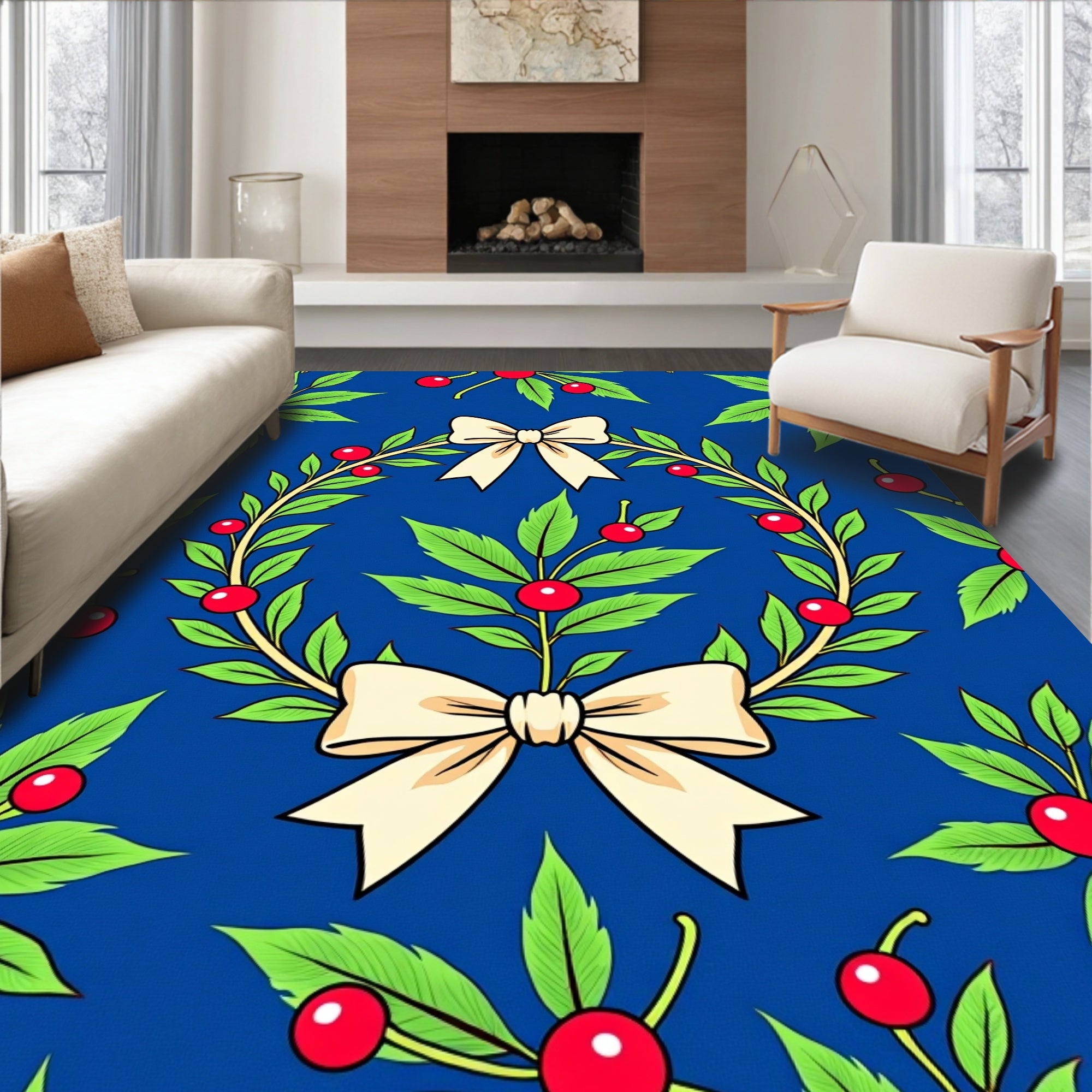 Royal Blue Cream Bow Leafy Wreath Rug