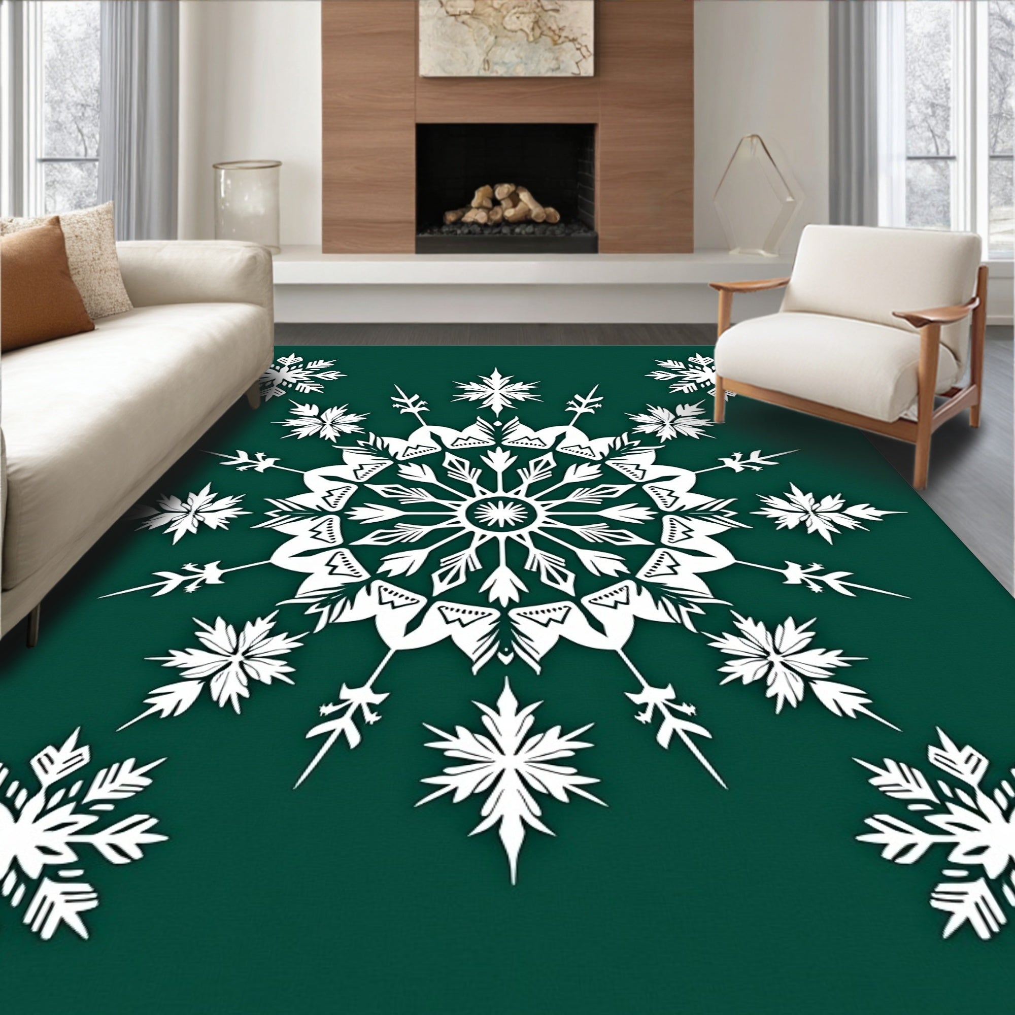 Winter White Snowflake Mandala Rug