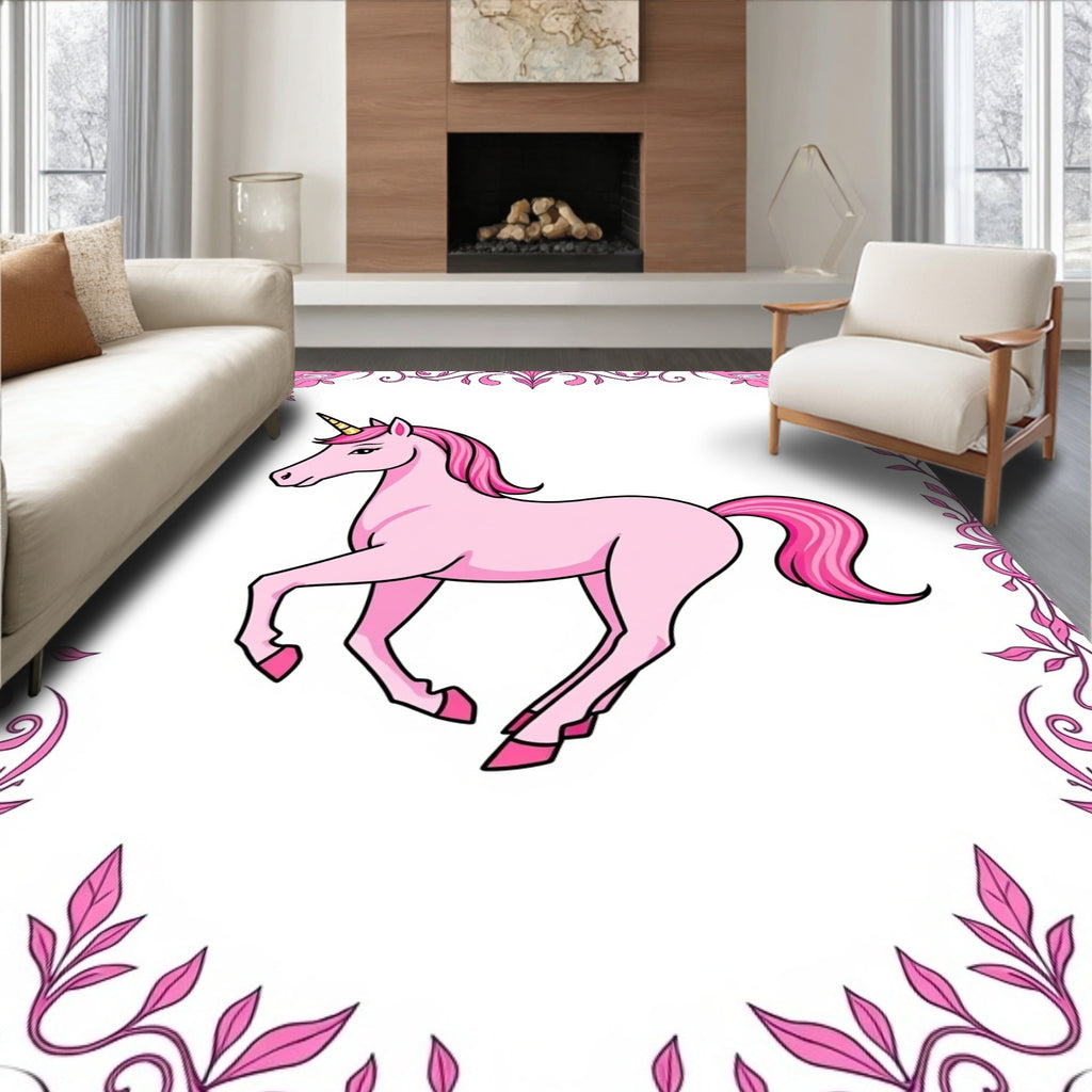 Pink Unicorn With Floral Border Rug