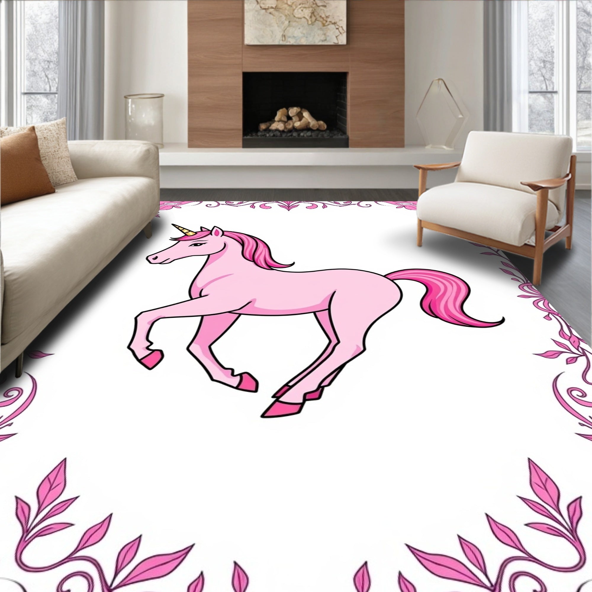 Pink Unicorn With Floral Border Rug