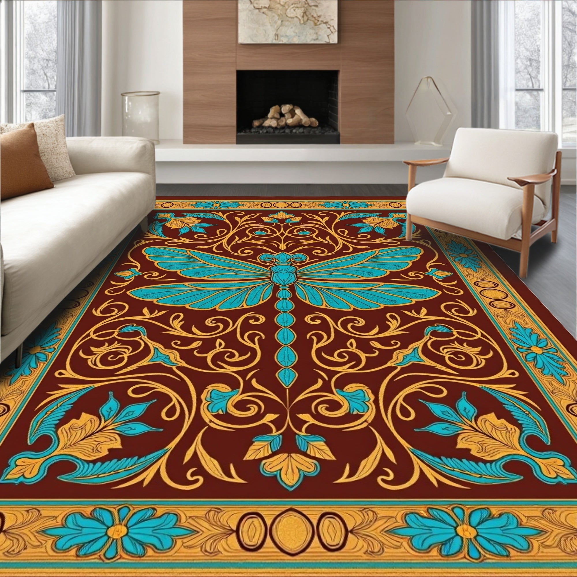 Ornate Teal Dragonfly Floral Medallion Rug