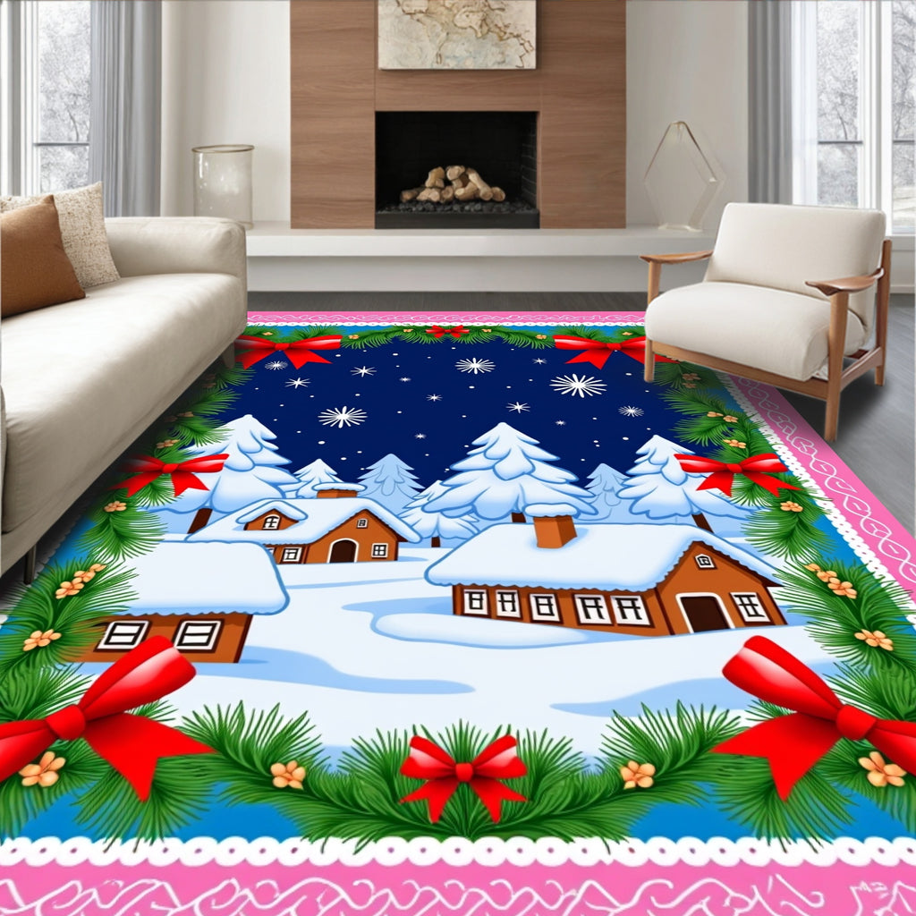 Cozy Snow Village Red Bows Garland Rug