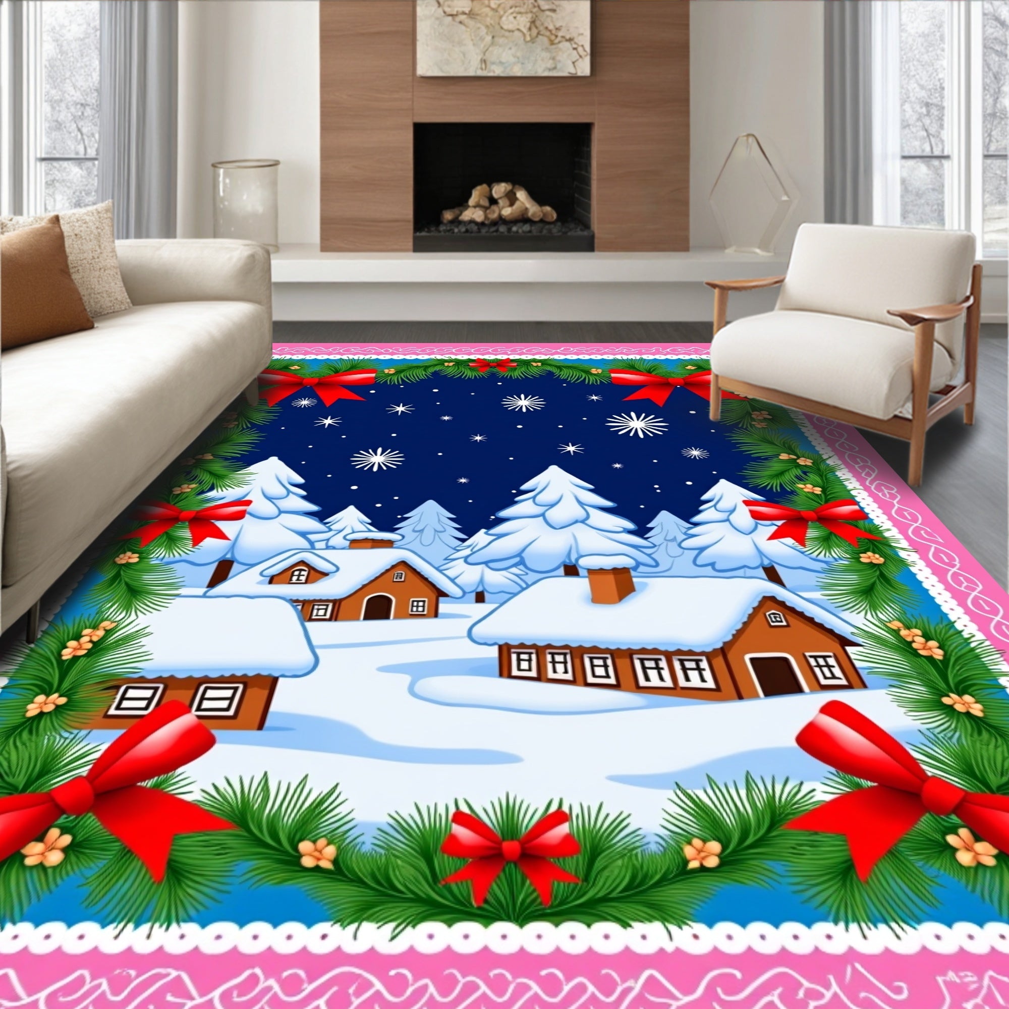 Cozy Snow Village Red Bows Garland Rug