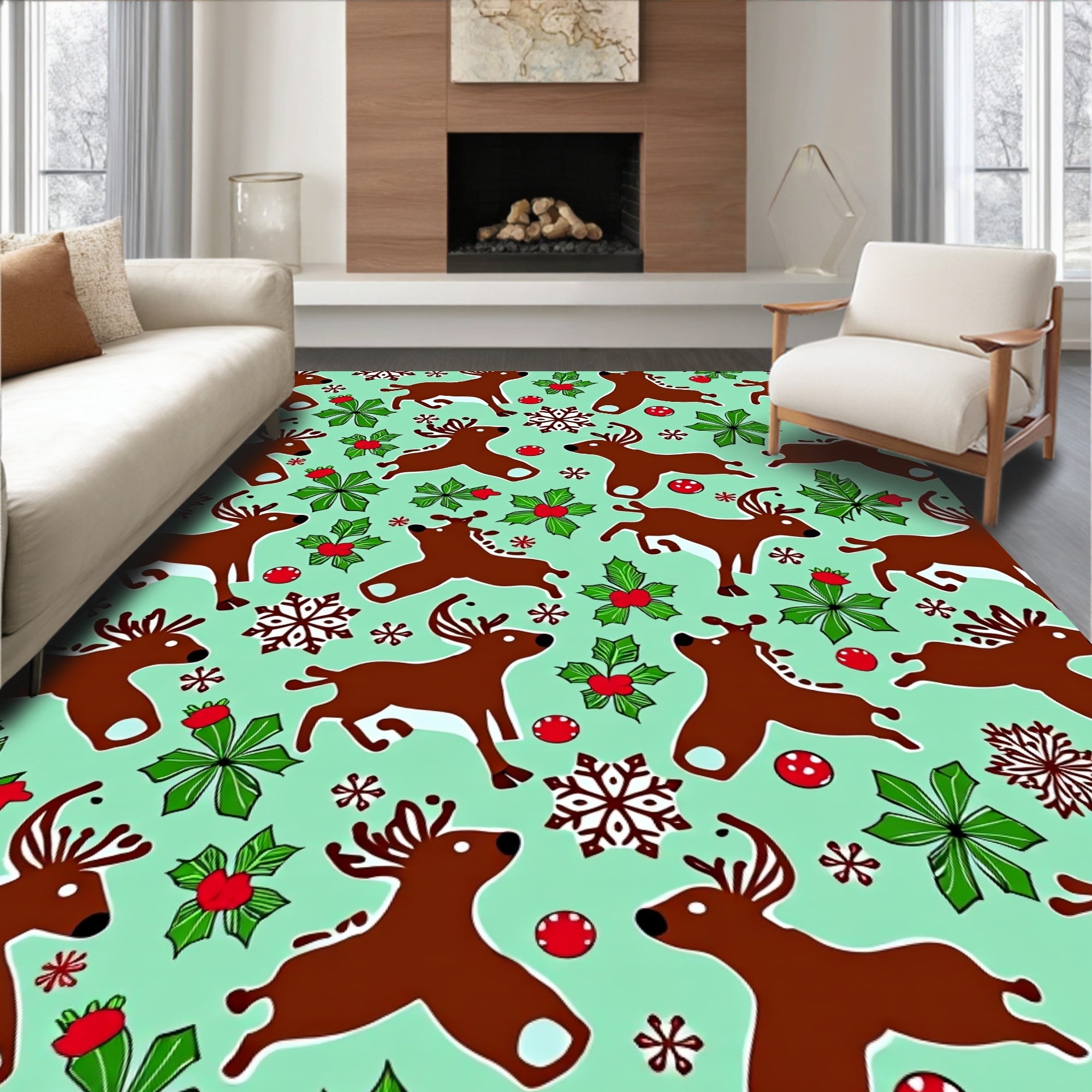 Jolly Reindeer Holly Snowflake Medley Rug
