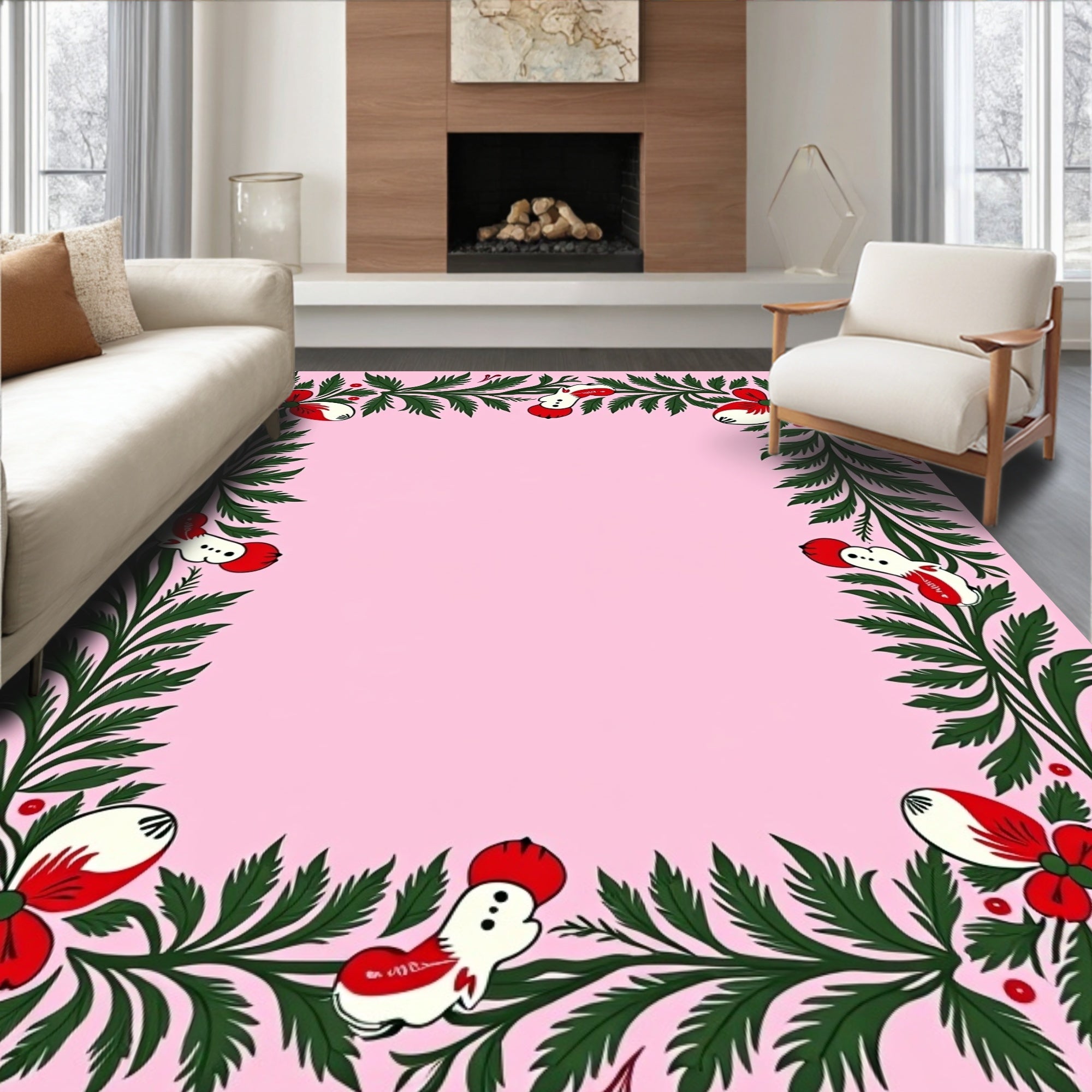 Whimsical Red Floral Greenery Border Rug