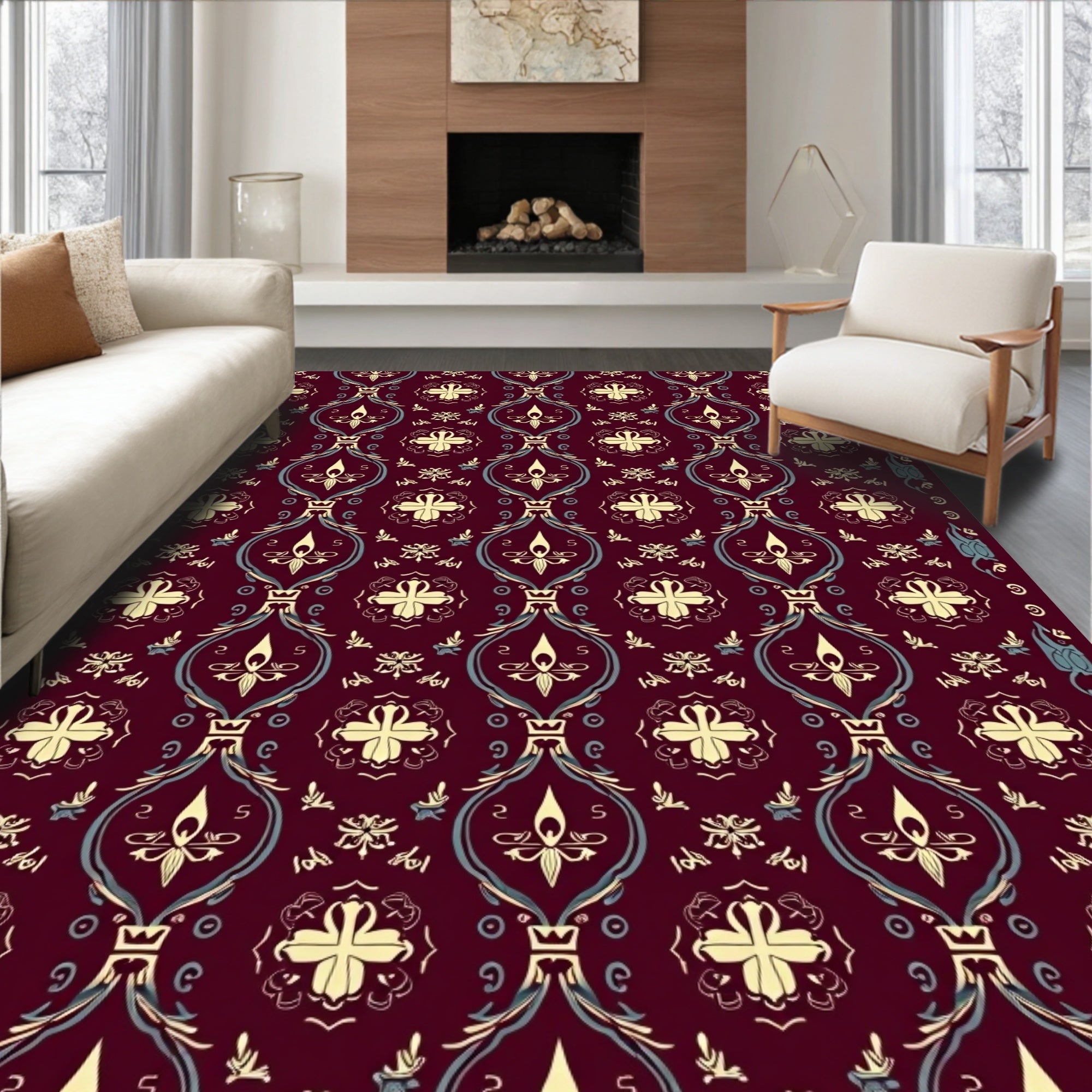 Crimson Floral Medallion Scroll Rug