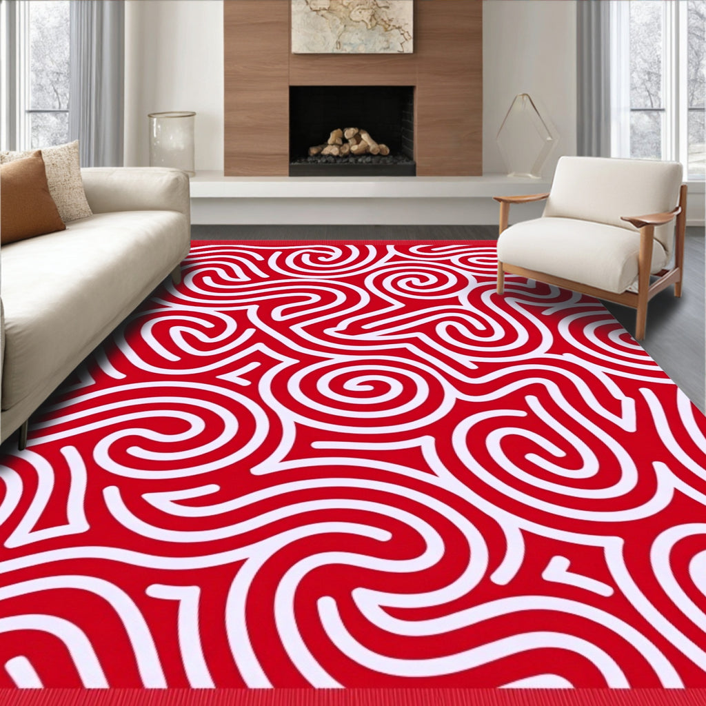 Crimson White Swirl Maze Rug