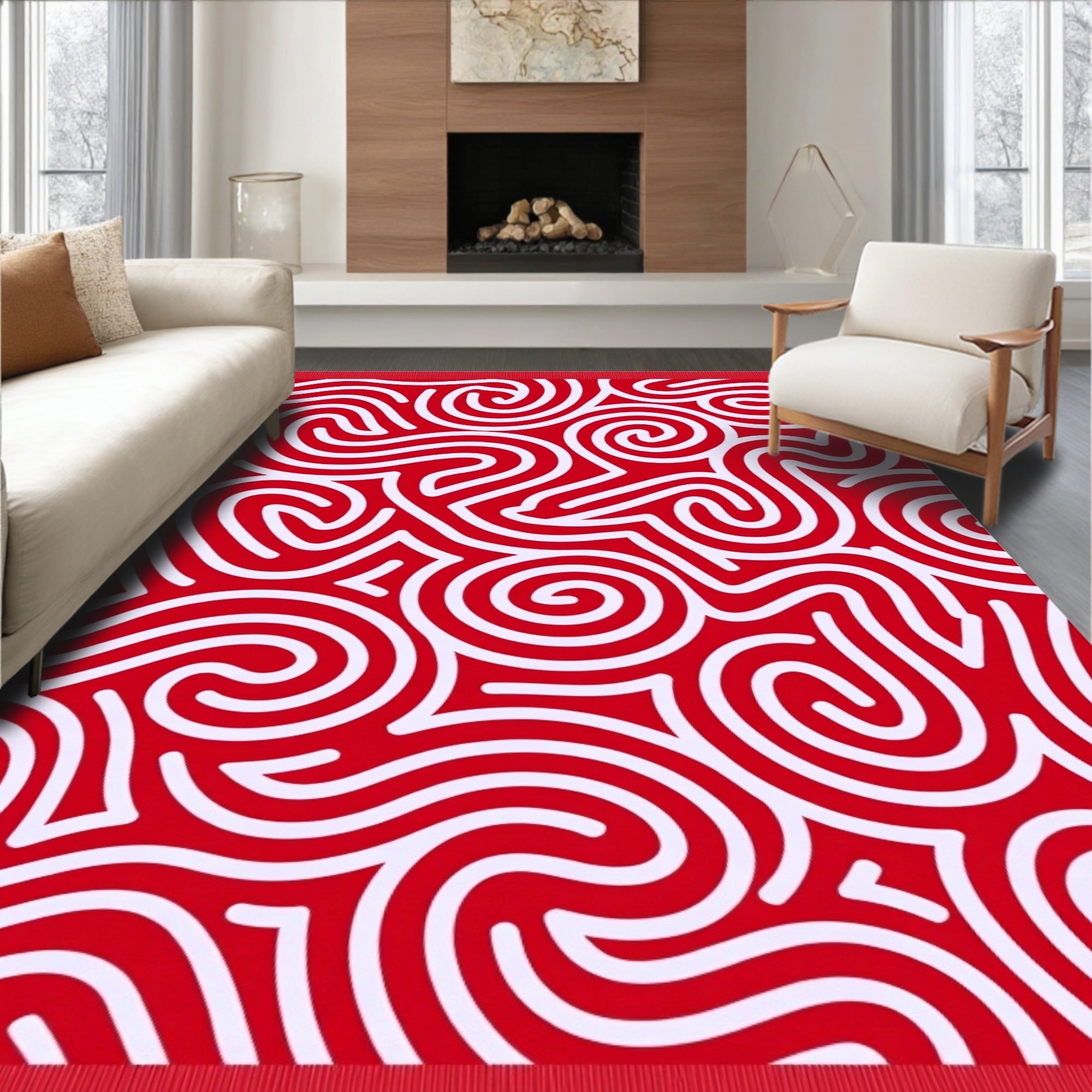 Crimson White Swirl Maze Rug