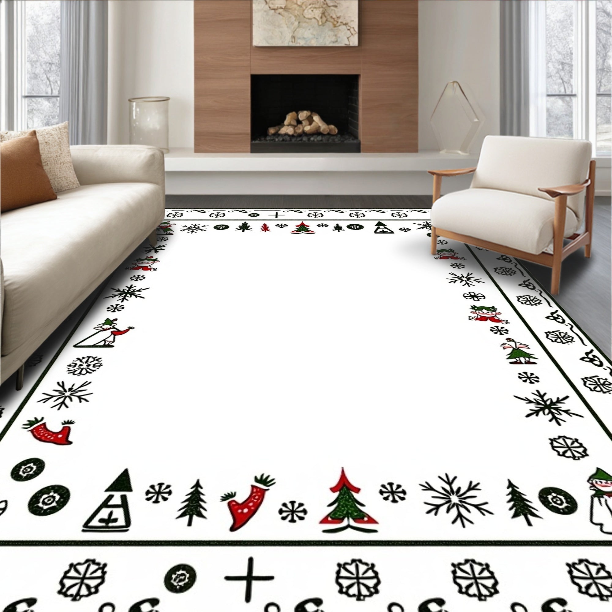 Festive Children Snowflakes Holly Christmas Trees Rug