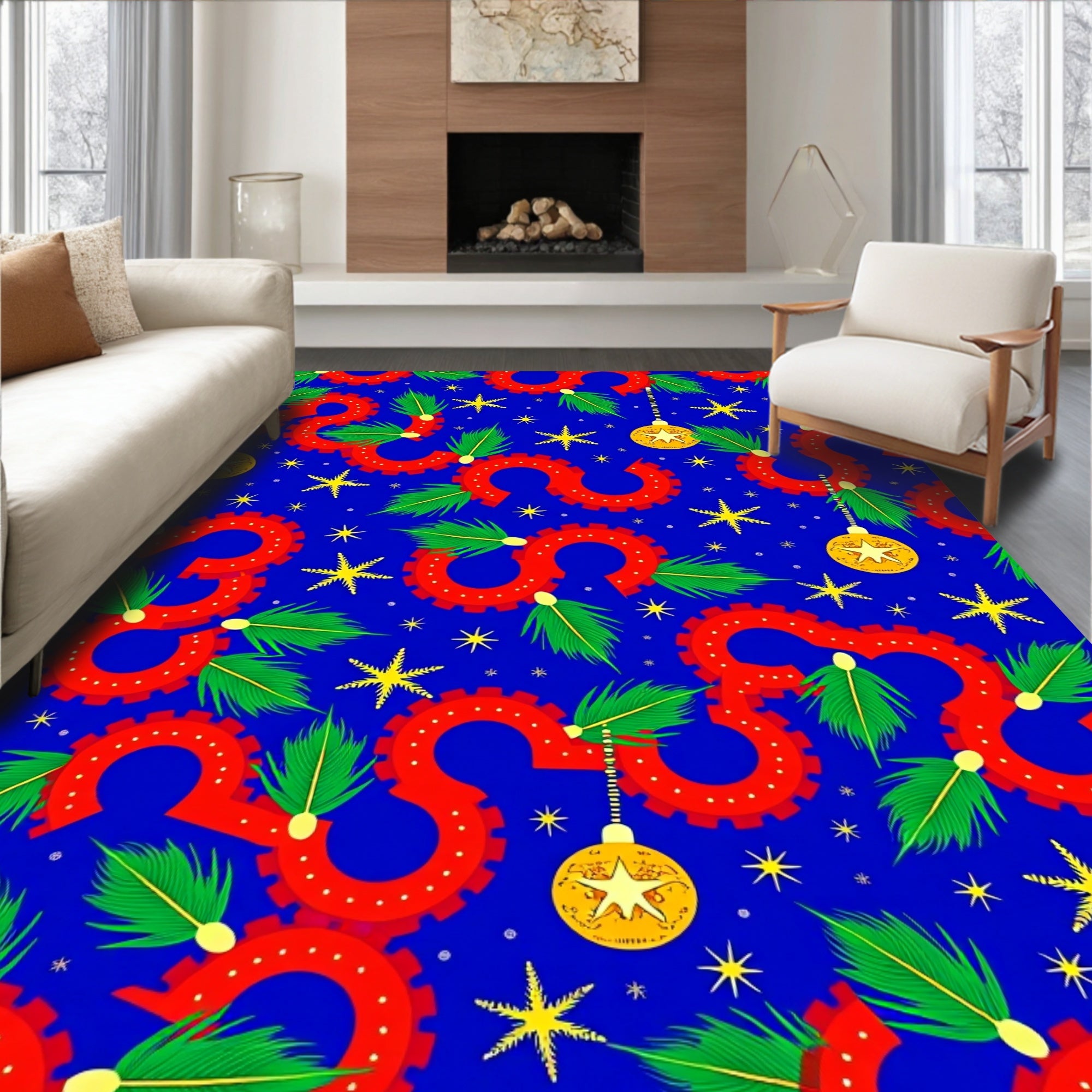 Red Serpent Winding Holiday Scene Rug
