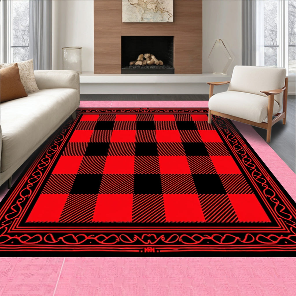 Classic Red Black Buffalo Check Border Rug