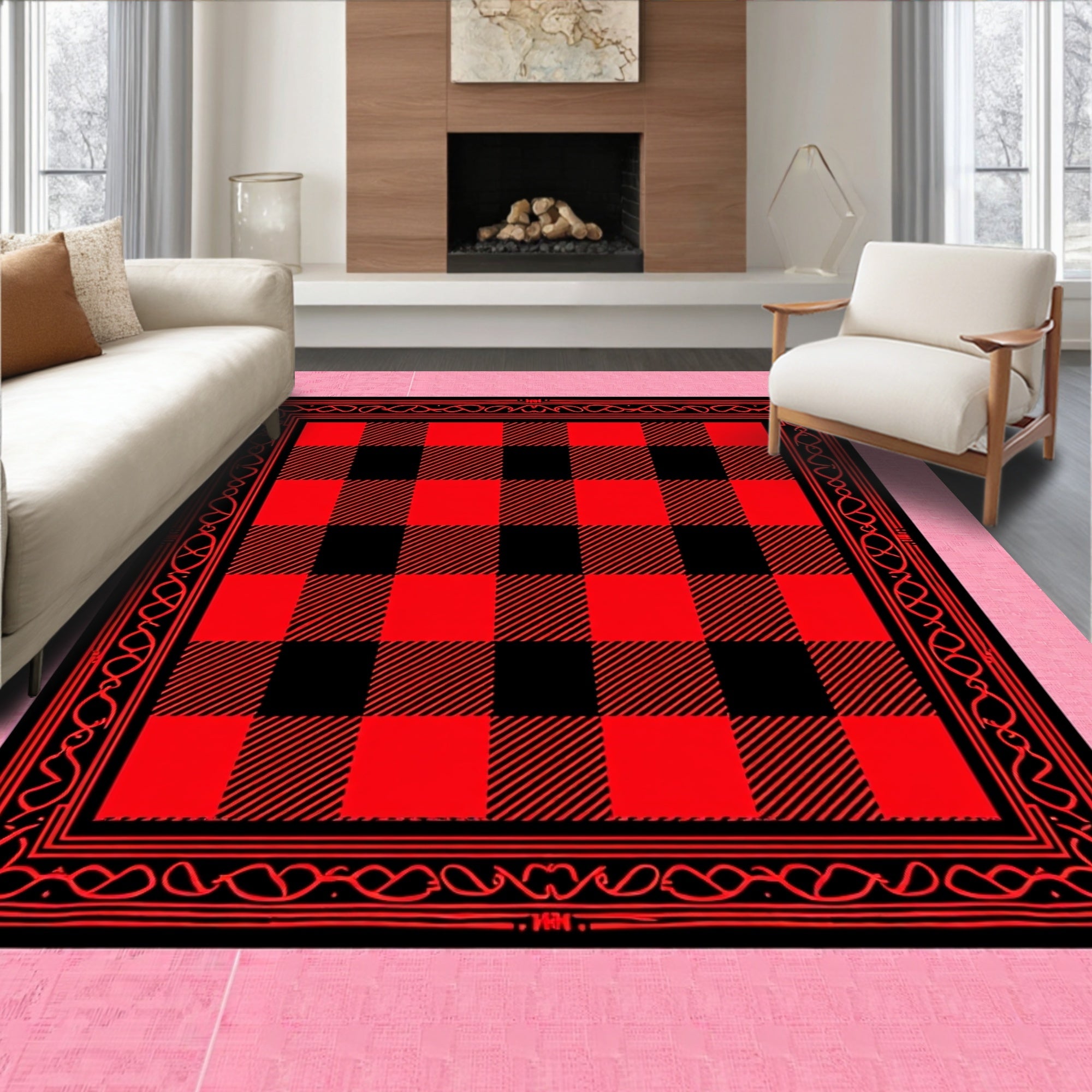 Classic Red Black Buffalo Check Border Rug