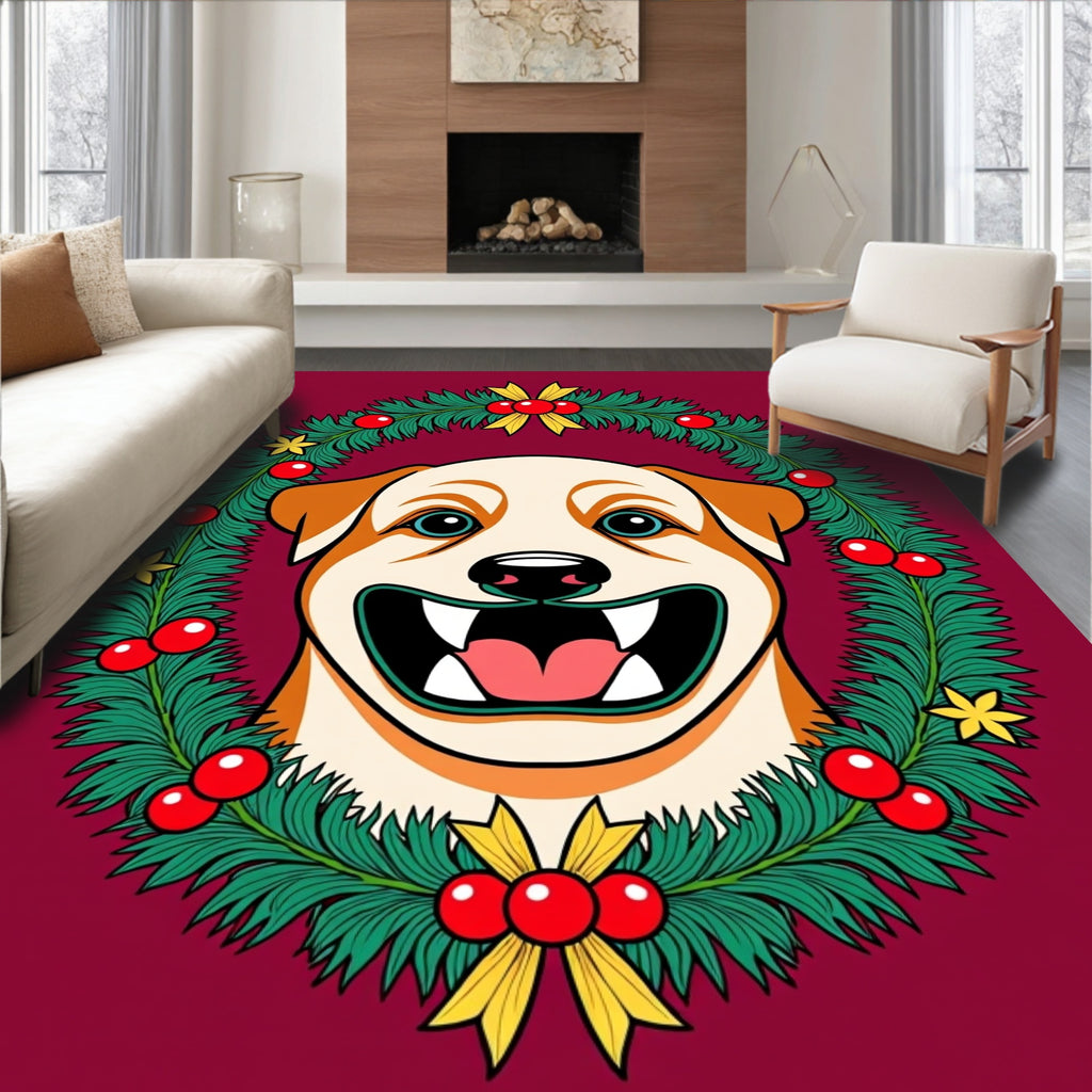 Festive Dog Christmas Wreath Portrait Rug