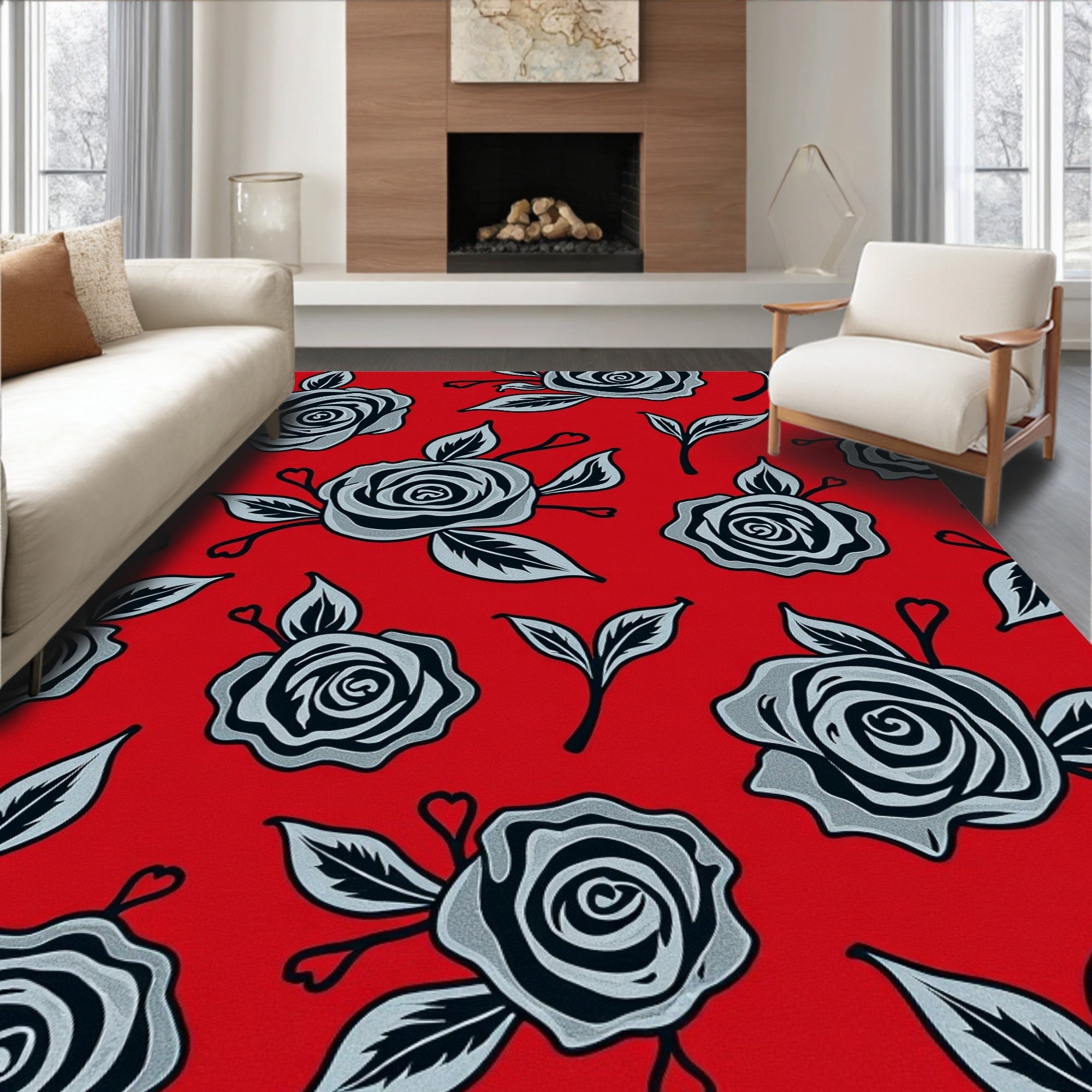 Red Rose Outline Floral Rug