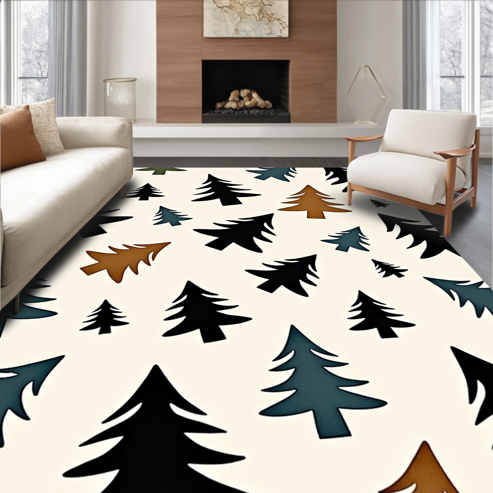 Woodland Trees In Teal Gold Black Rug