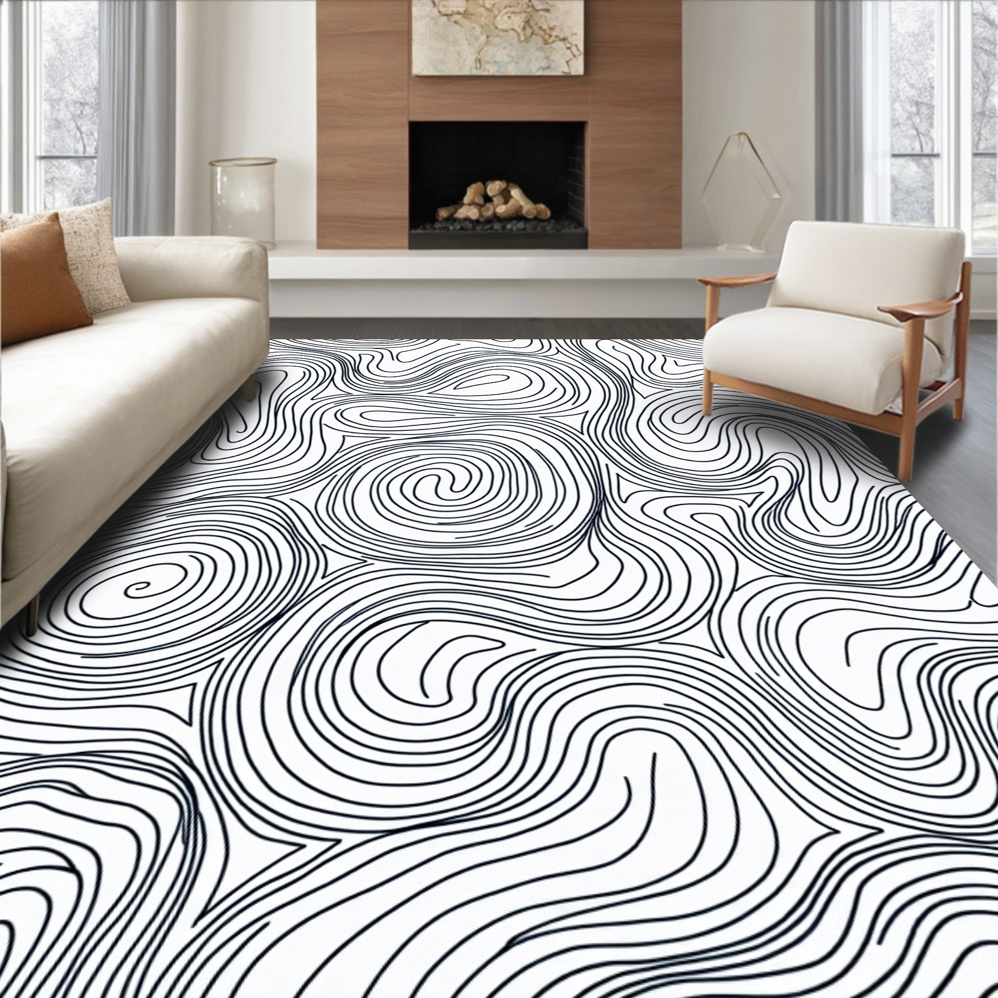 Black White Organic Contour Lines Rug
