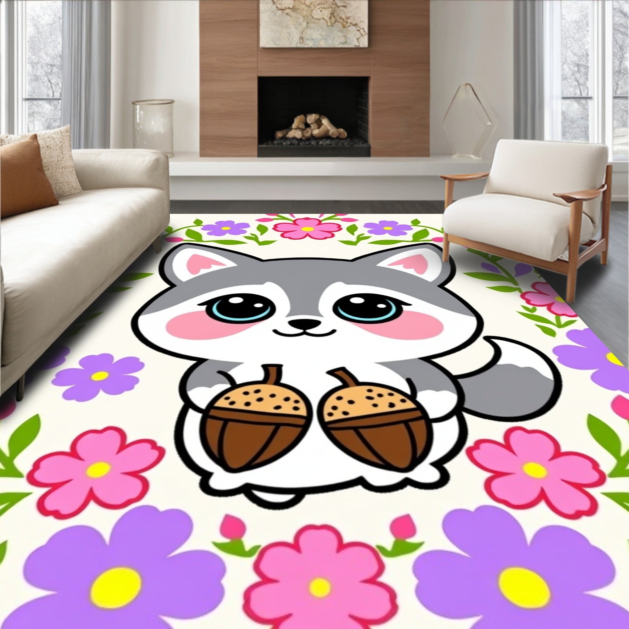 Cute Gray Wolf Holding Acorns Floral Wreath Rug