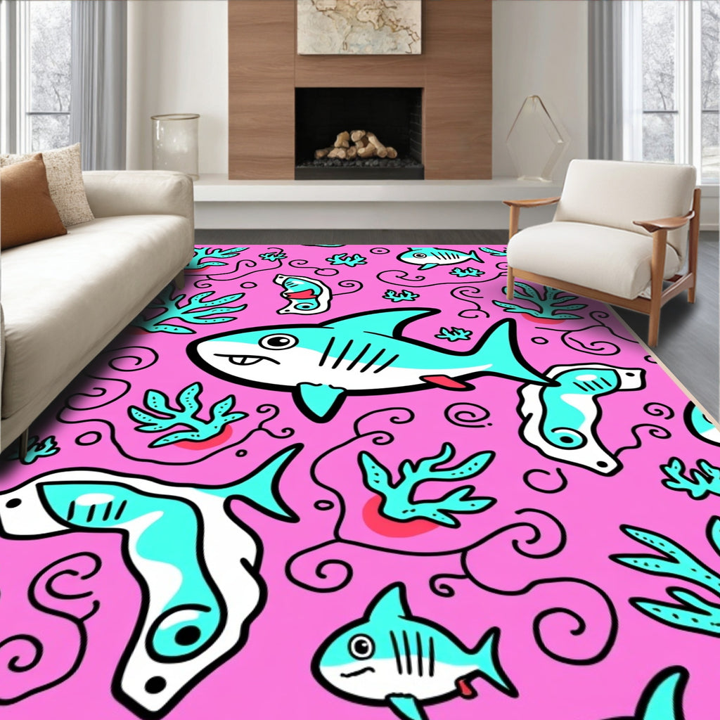 Vibrant Pink Shark Coral Doodle Rug