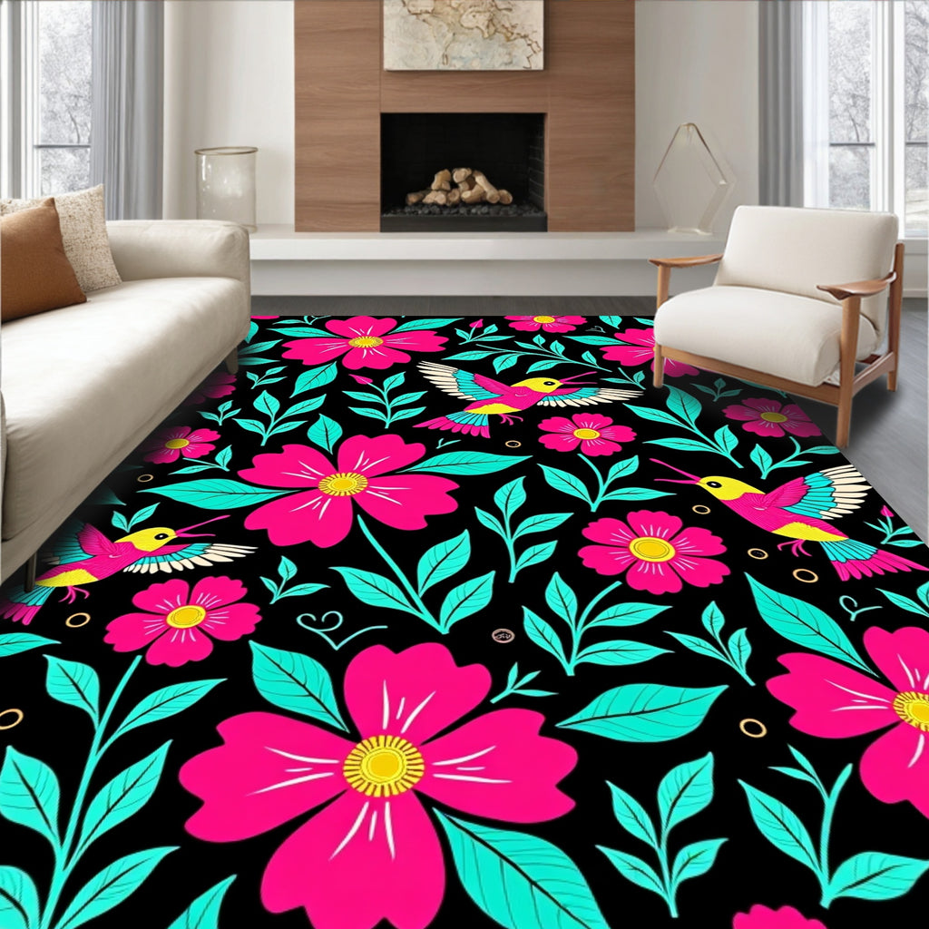 Vibrant Pink Floral Hummingbird Garden Rug
