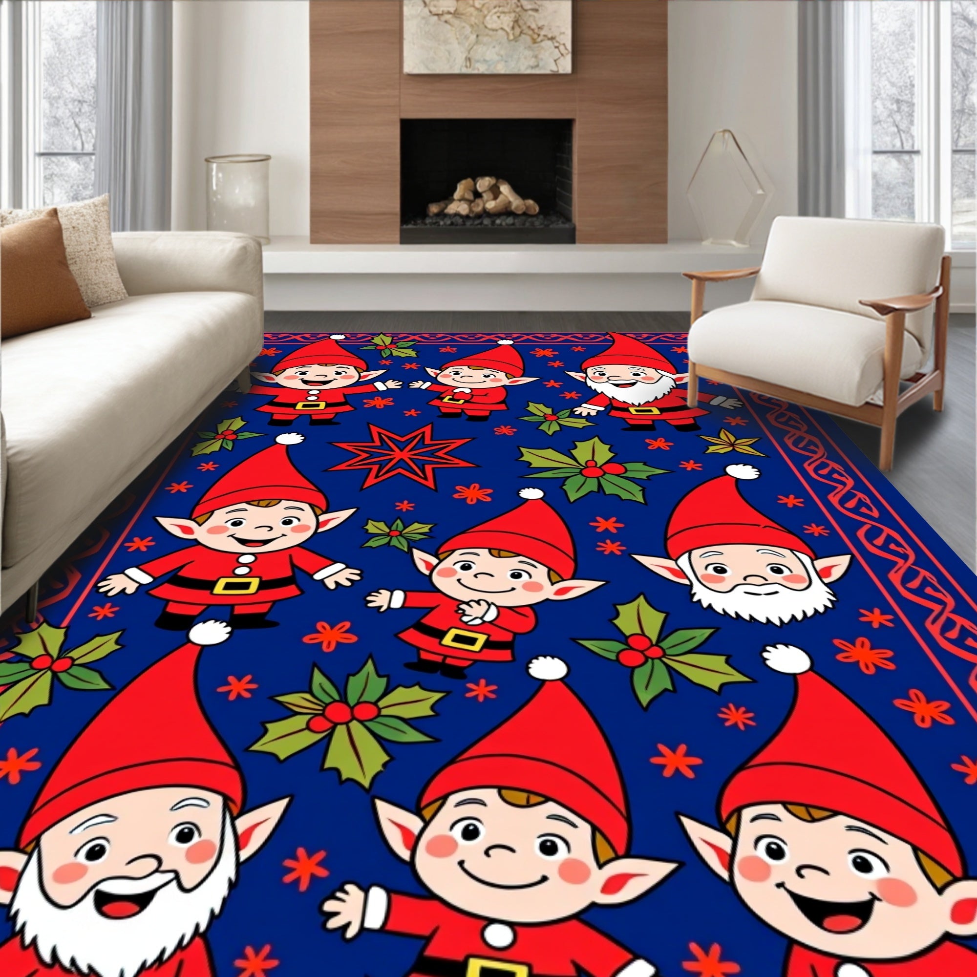 Festive Gnomes Holly Red Blue Rug