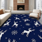 White Reindeer Snowflakes Navy Background Rug