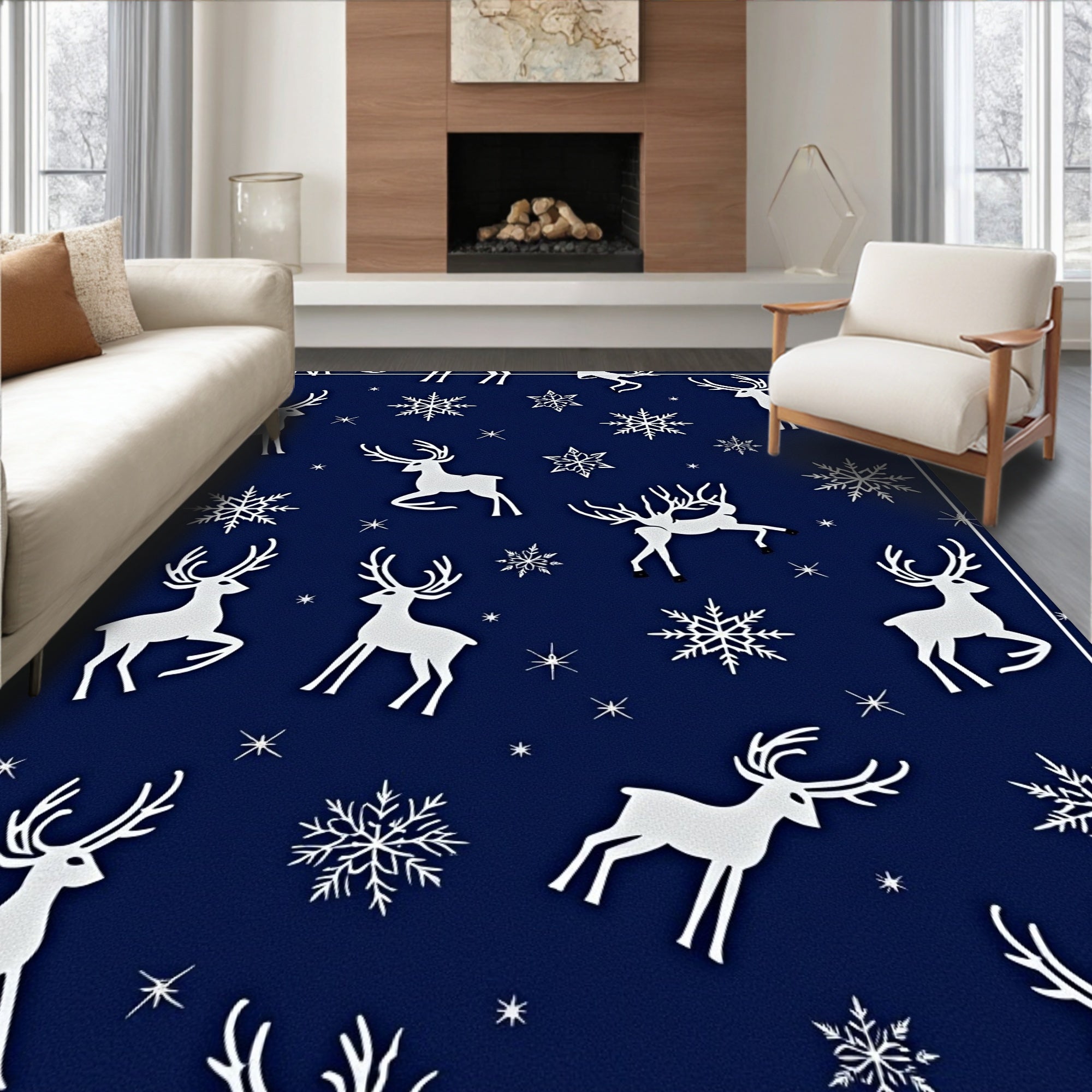White Reindeer Snowflakes Navy Background Rug