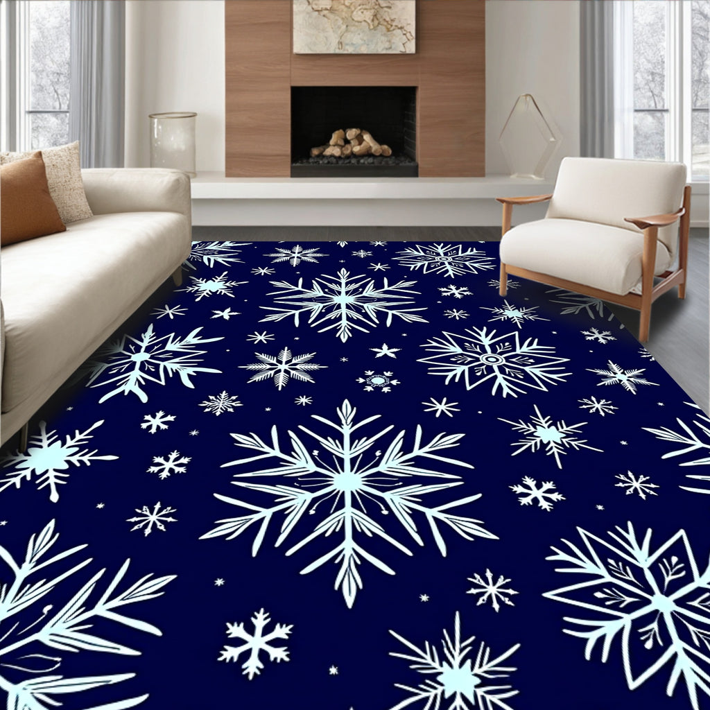Winter Snowflake Scatter Navy Blue Rug