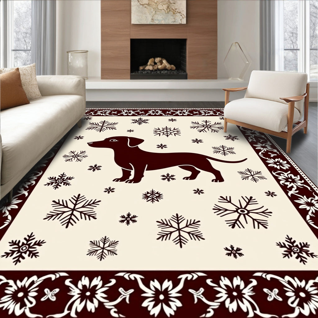 Crimson Dachshund Snowflakes Border Rug