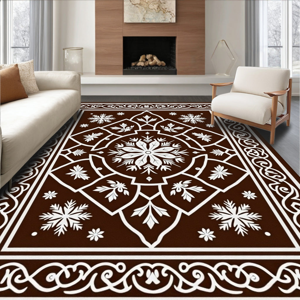 Elegant White Floral Medallion Brown Rug
