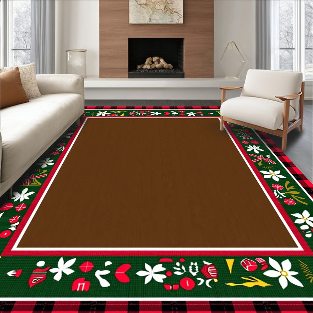 Red Black Plaid Festive Floral Border Rug