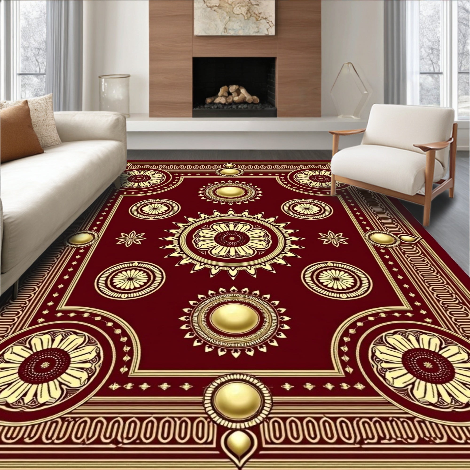 Rich Crimson Golden Floral Mandala Rug
