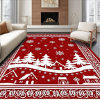 Red Winter Village Snowflake Landscape Rug