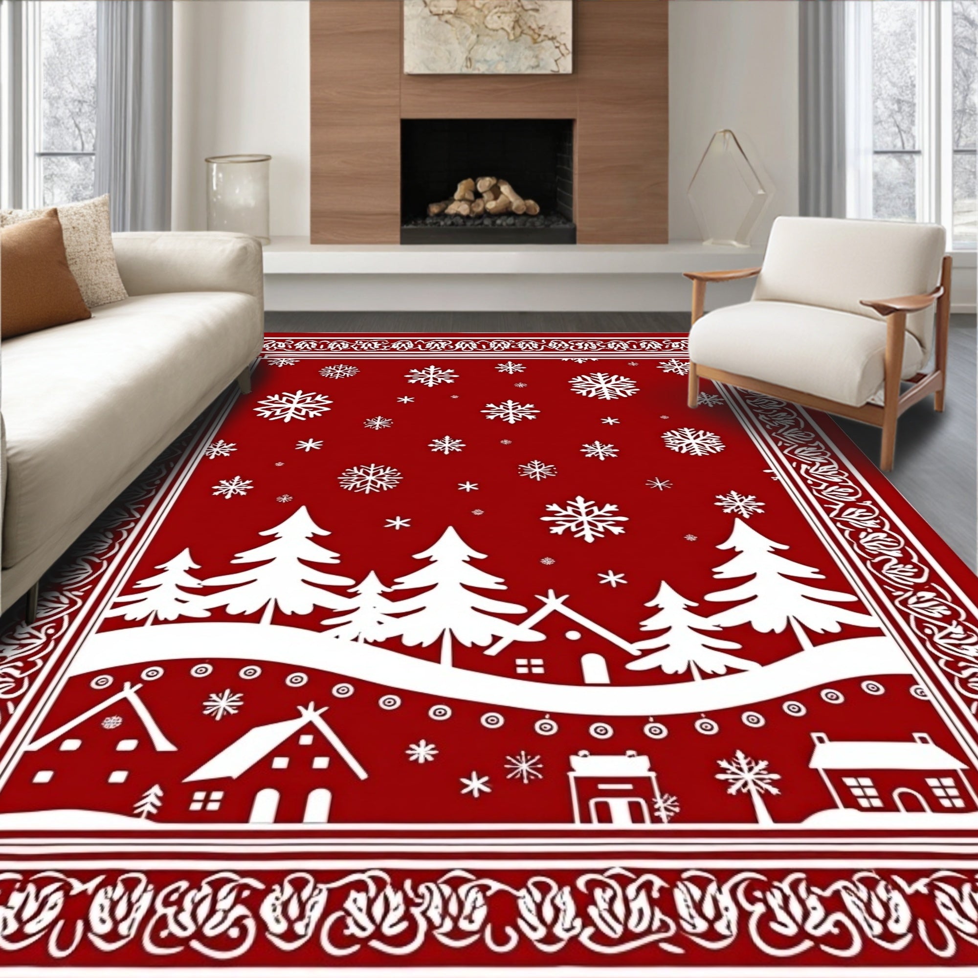 Red Winter Village Snowflake Landscape Rug