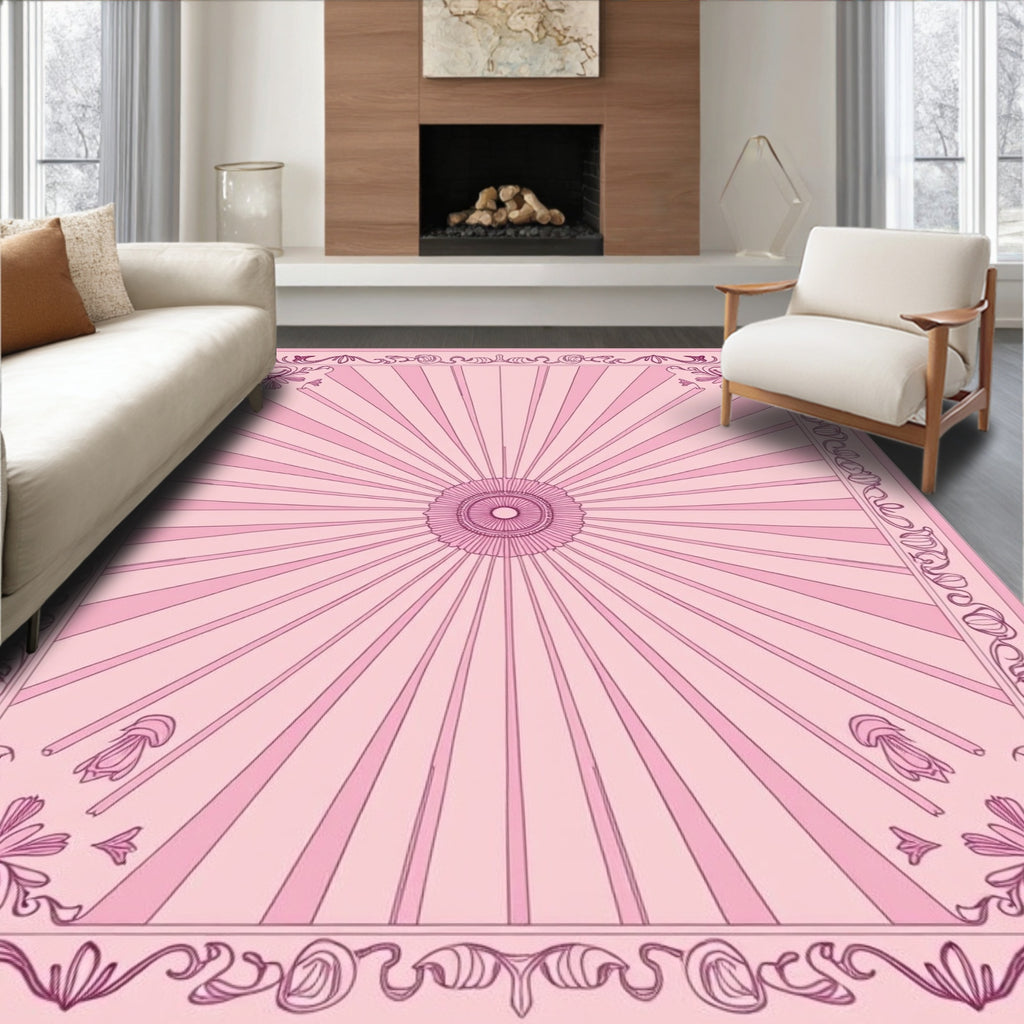Pink Sunburst Floral Border Rug