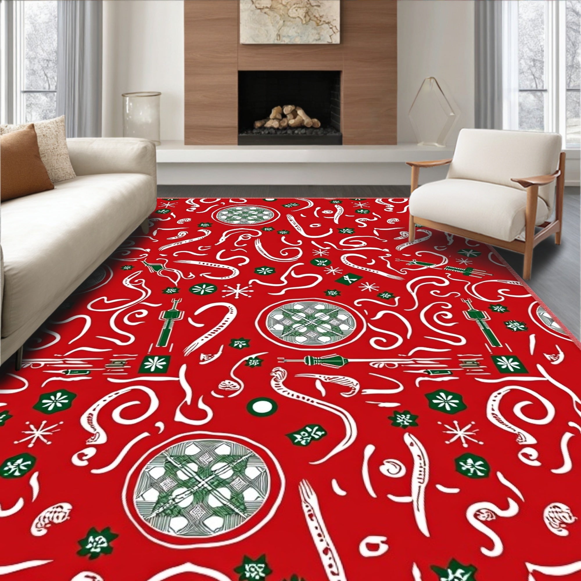 Red White Green Whimsical Festive Medallions Rug