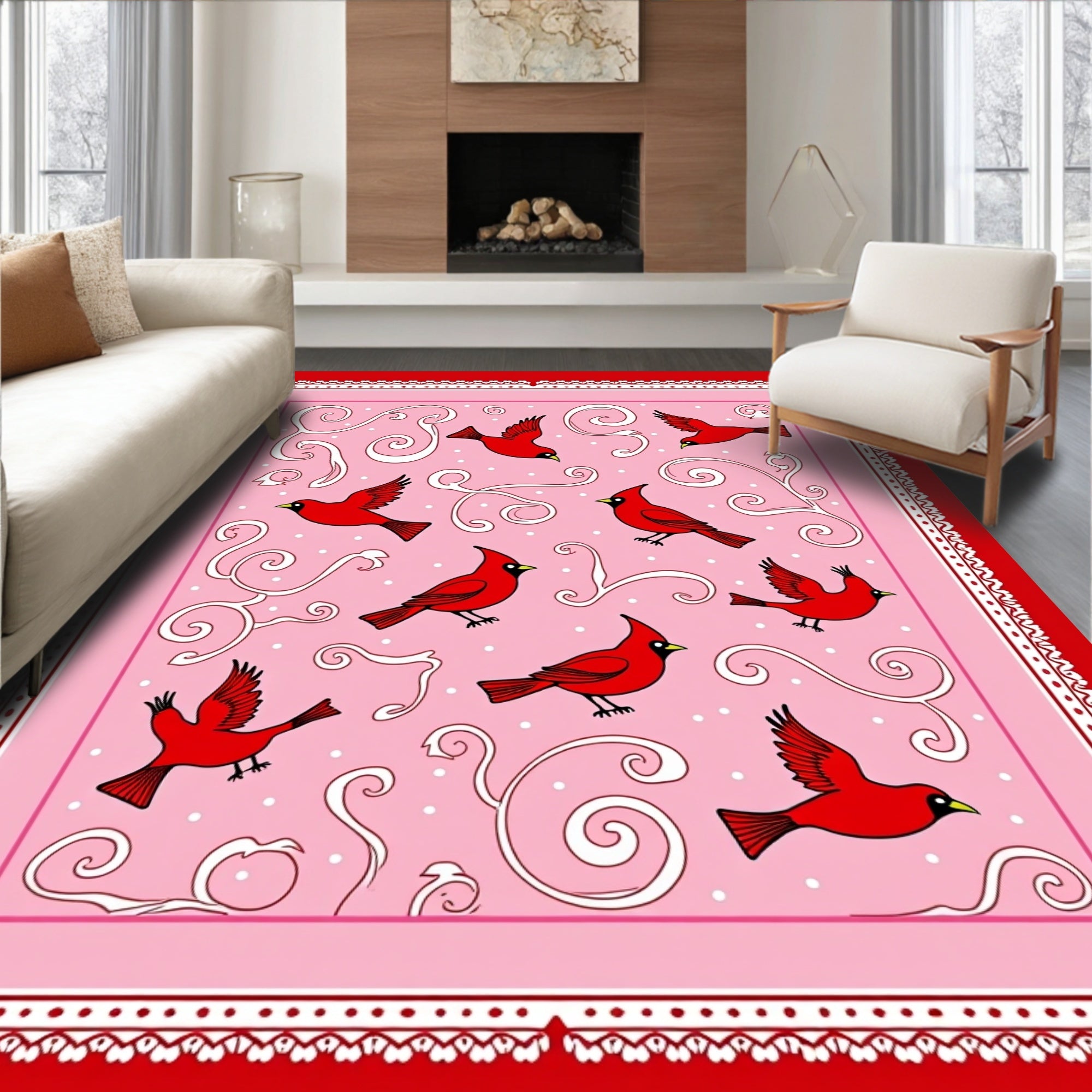 Red Cardinal Birds Pink Swirls Rug
