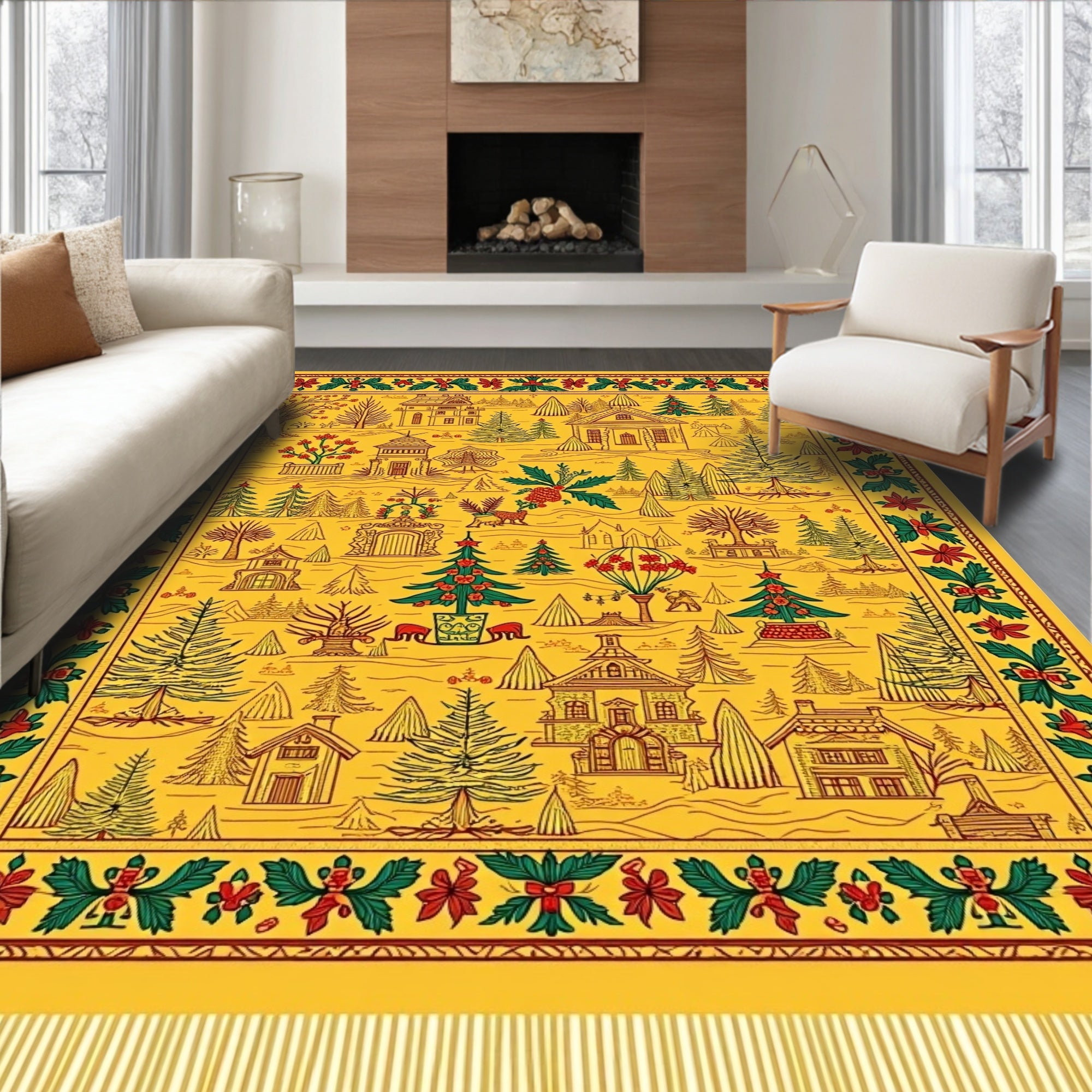 Yellow Winter Village Holly Border Rug