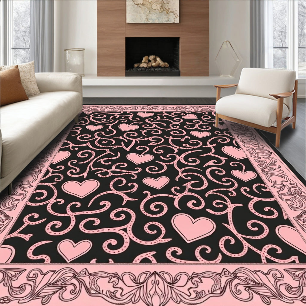 Pink Hearts Black Swirl Border Rug